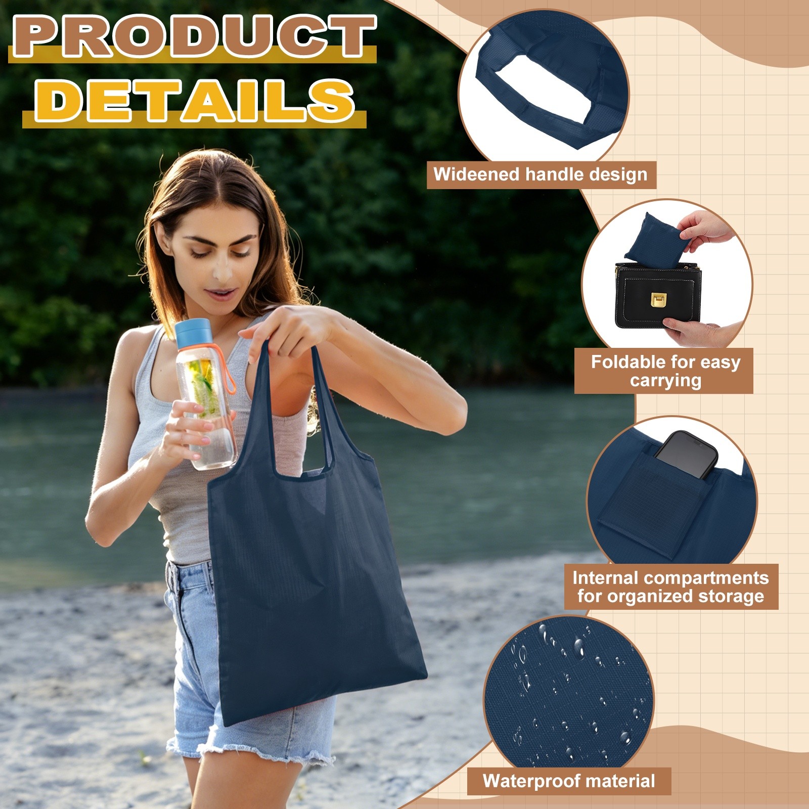 Washable Shopping Bags with Handles Bulk Foldable Grocery Bags Navy Blue S