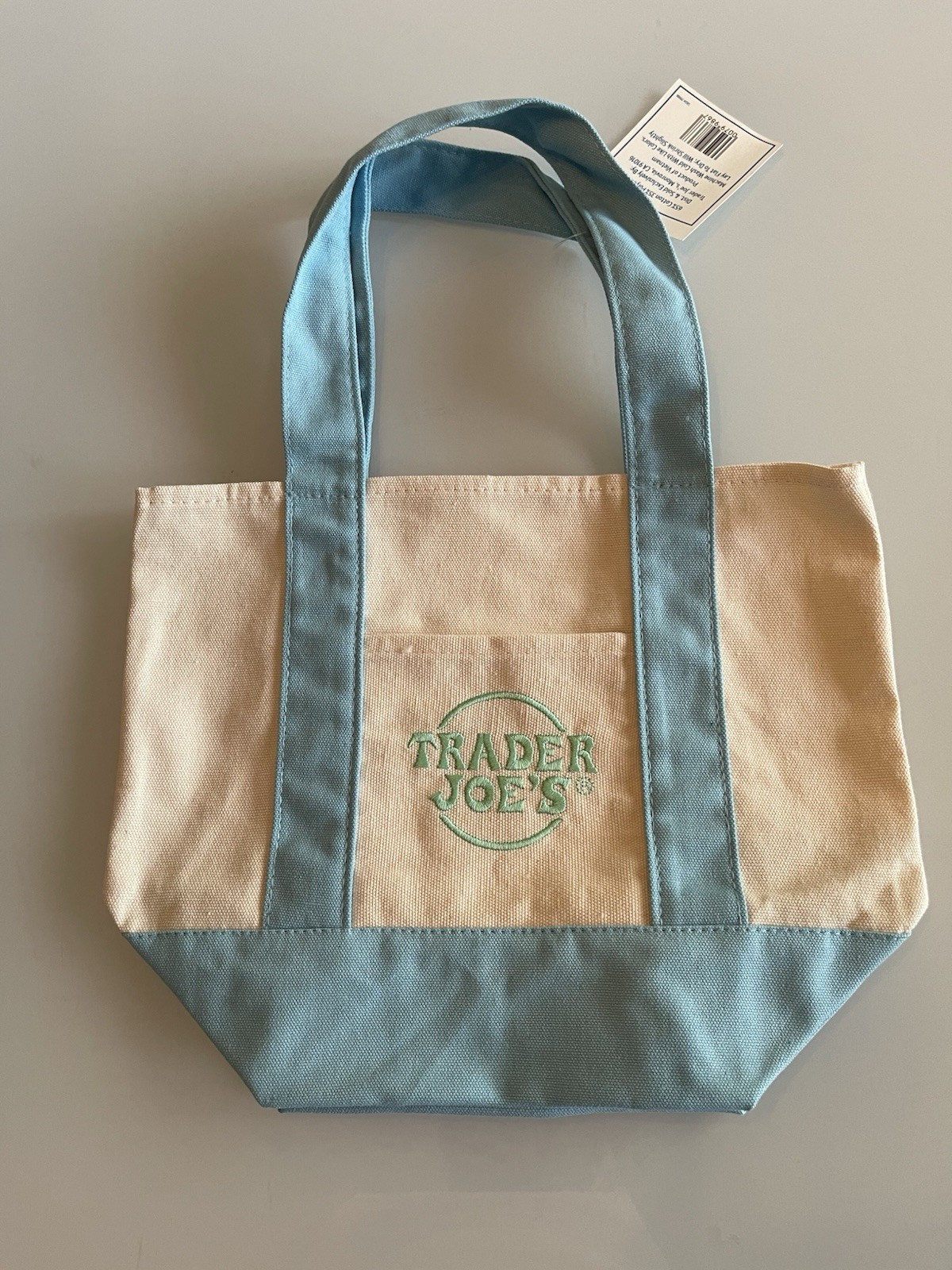 Trader Joe’s Canvas Reusable Shopping Bag Small Foldable Beige Blue 13x6x12in