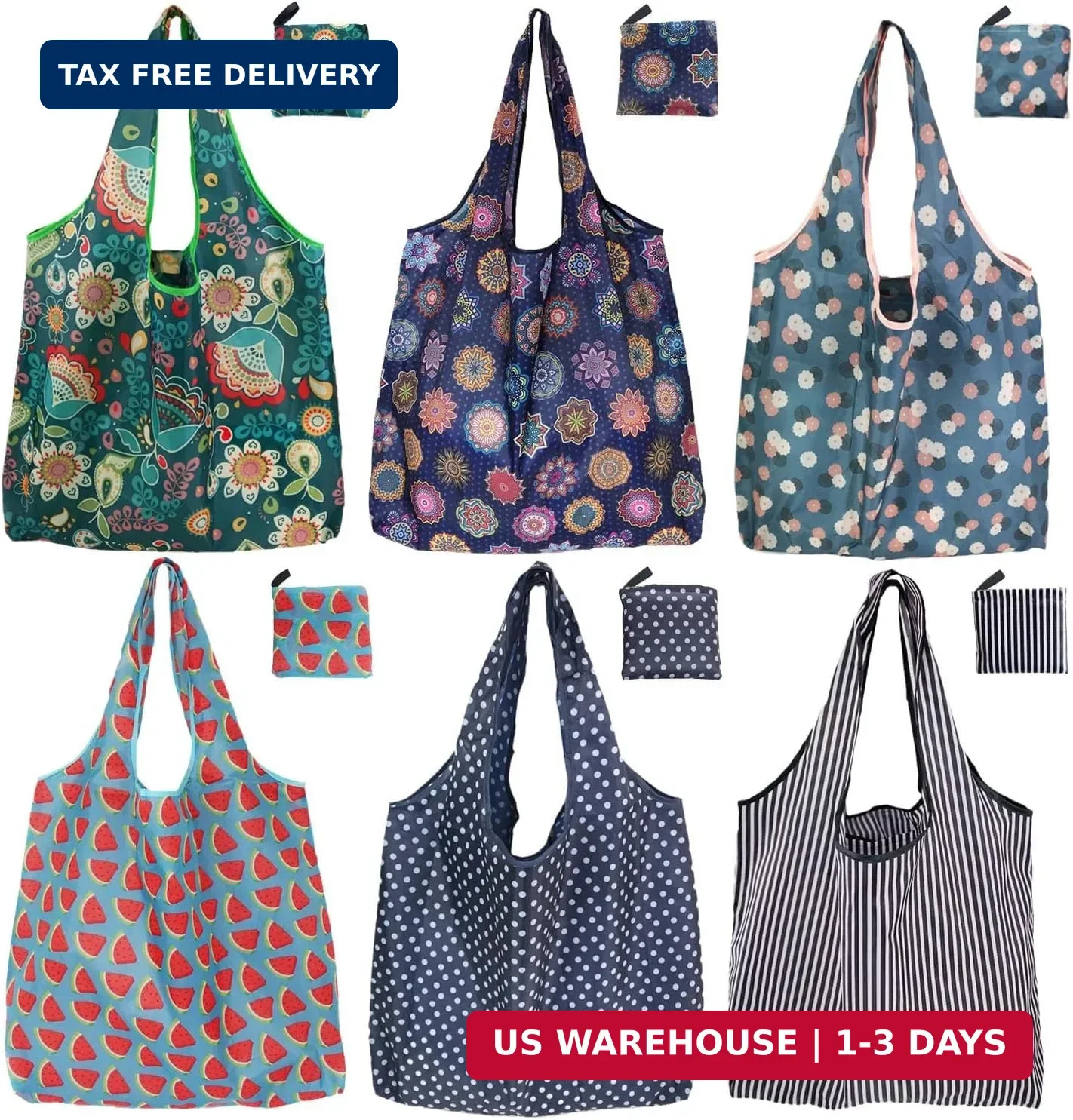 Reusable Grocery Bags, 6 Pack 50Lbs Foldable Fashion Washable Shopping Bags, Lar