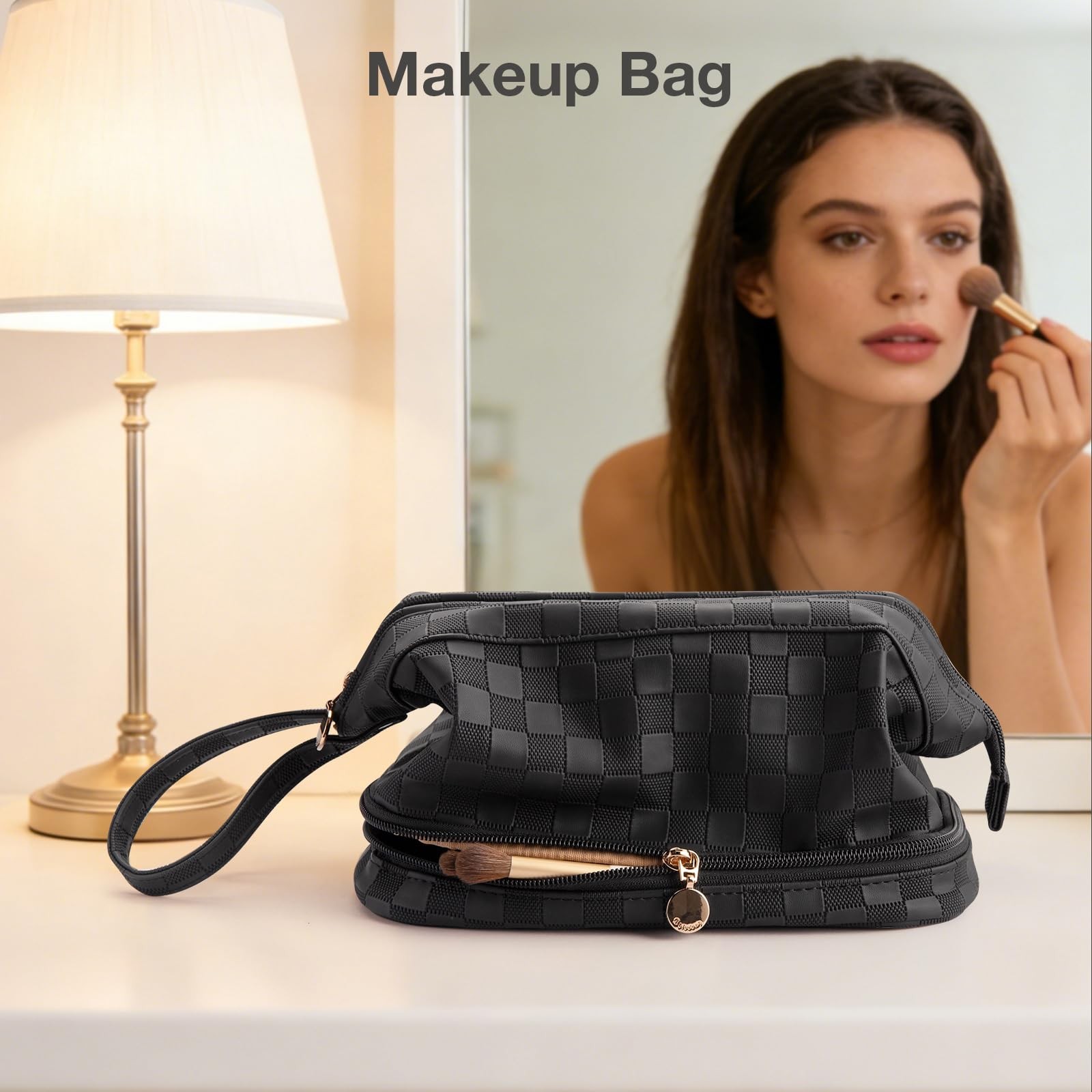 Abiudeng Large Makeup Bag for Women,Travel L, Checkerboard-Black