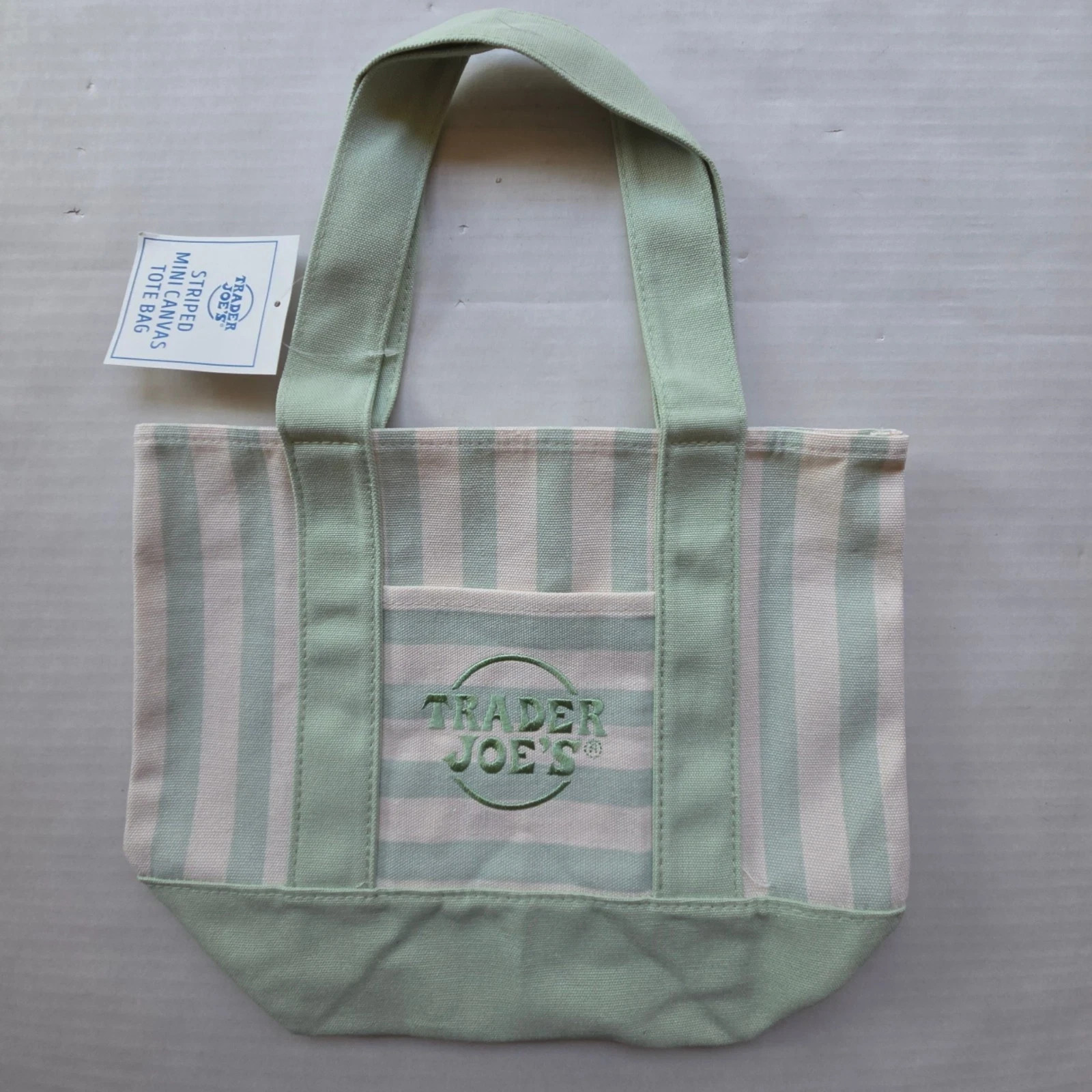 Trader Joe’s MINI Canvas Reusable Bag, w/ Off White or Tan, LIGHT GREEN STRIPES