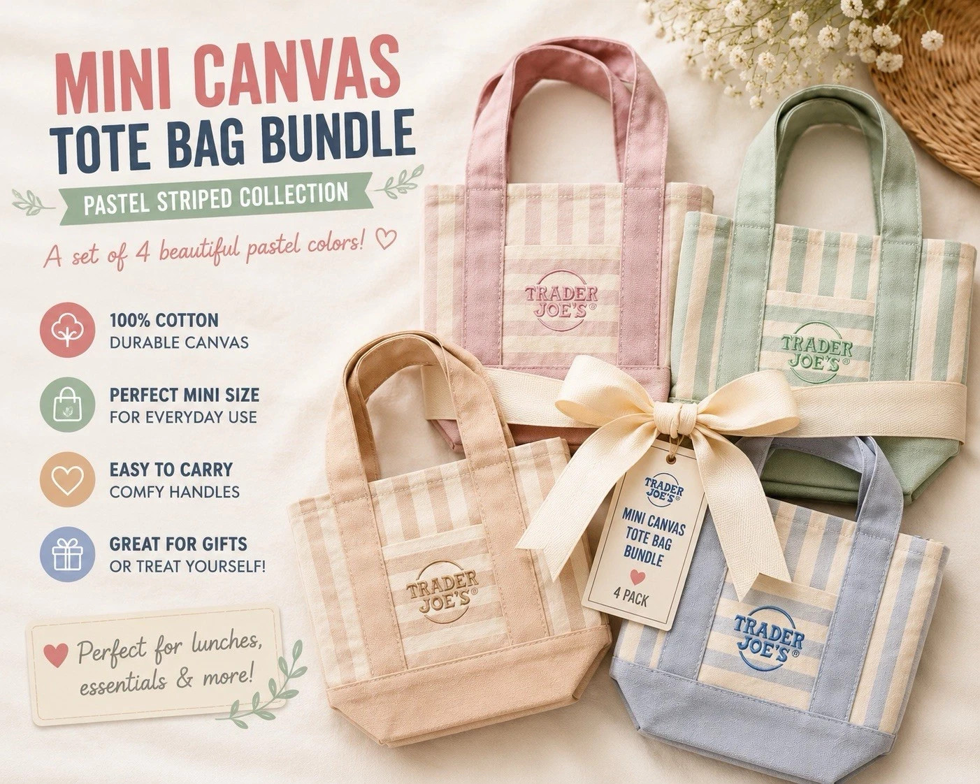 Trader Joe’s Mini Canvas Tote Bag Bundle Set of 4 Pastel Colors NWT Summer 2026