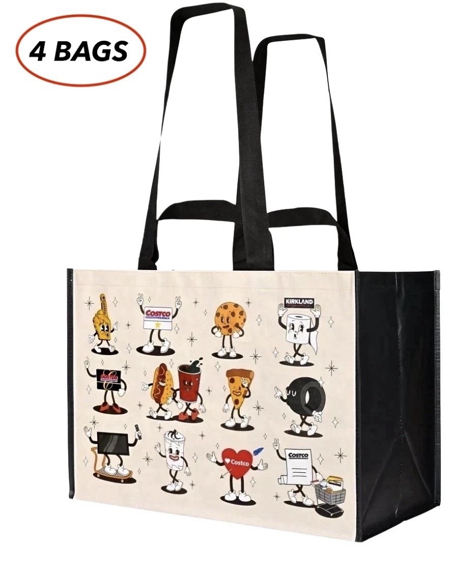 COSTCO KEEP COOL REUSABLE CHARACTER TOTE SHOPPING BAGS 4 BAGS -LARGE HEAVY DUTY