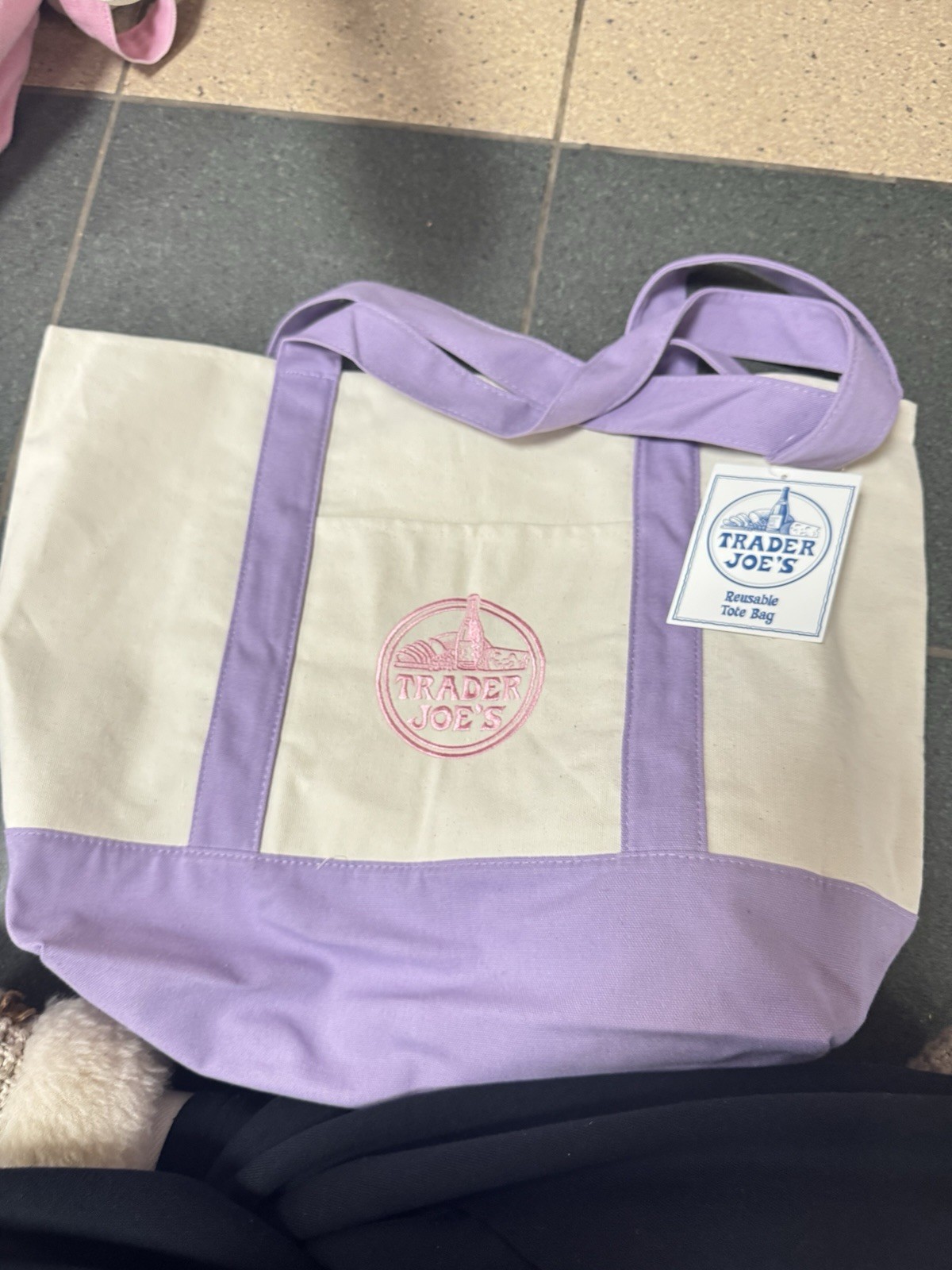 Trader Joe’s Foldable Canvas Reusable Shopping Bag Purple Beige Solid