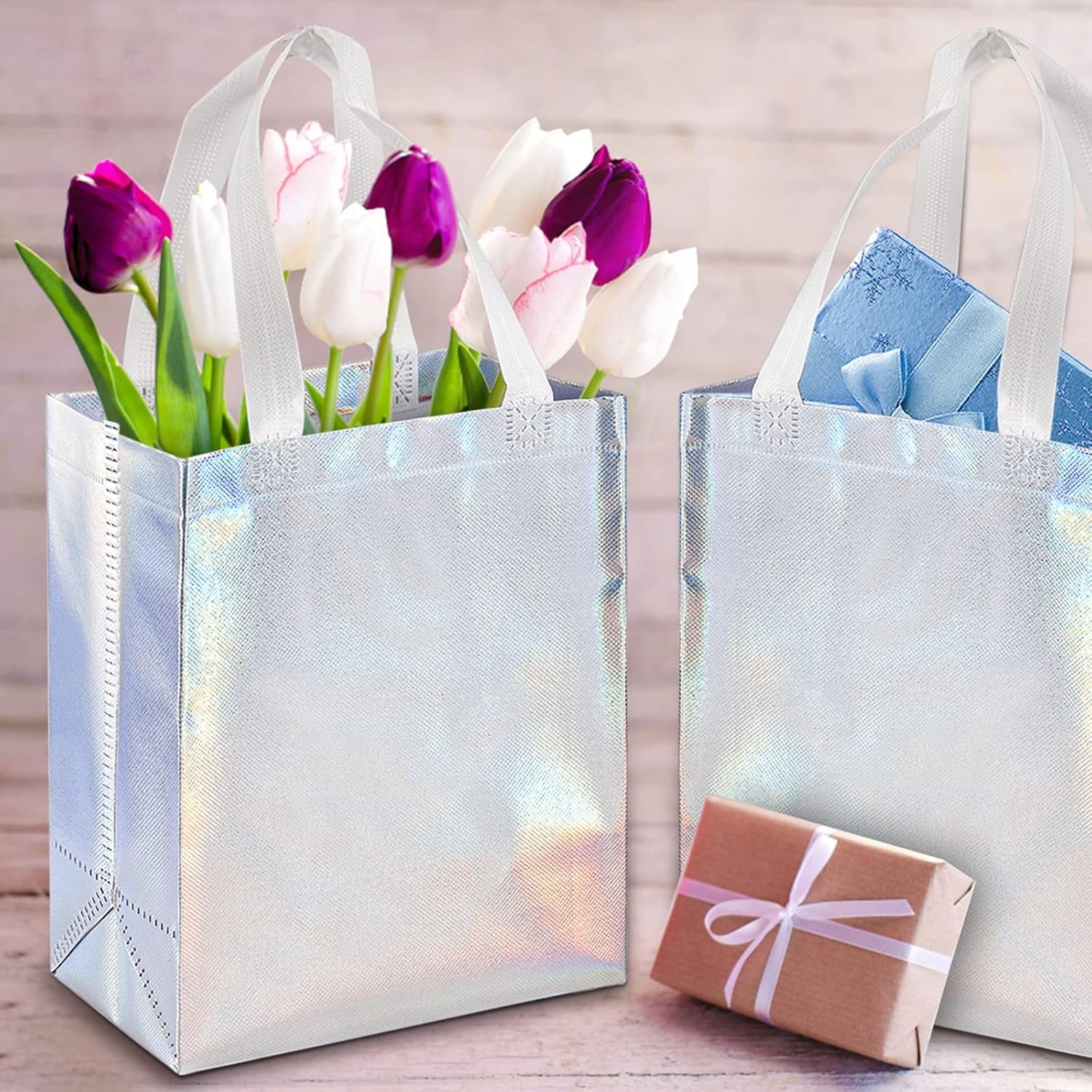 40 Pack 10 x 8 Inch Glossy Reusable Grocery Bags Non-woven Tote Shopping Bags W/