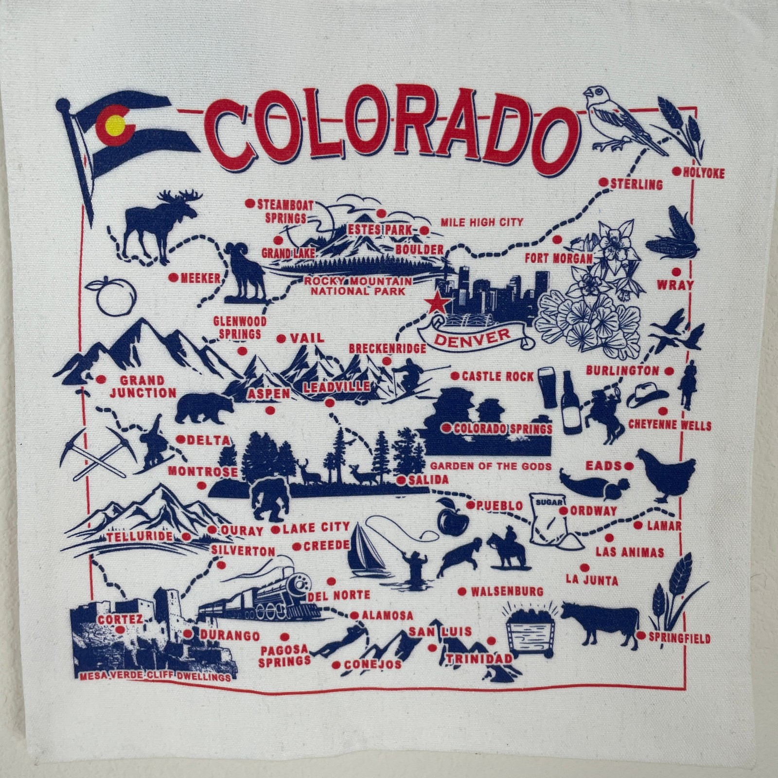 White COLORADO Souvenir Map Canvas Tote Shopping Bag State Flag Bird Landmarks