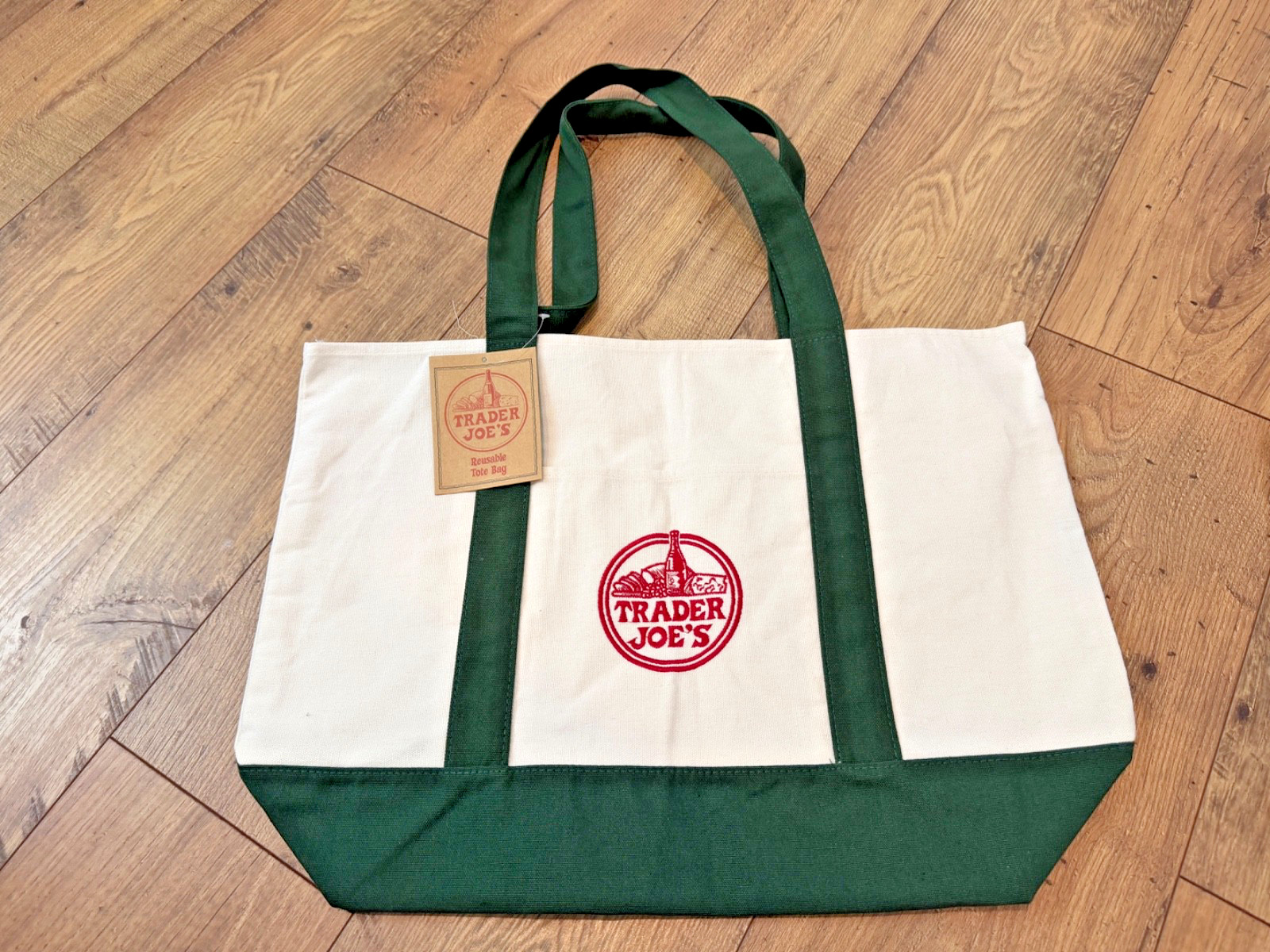Classic Trader Joe’s Beige & Navy Blue Reusable Regular Tote Bag Foldable Cotton