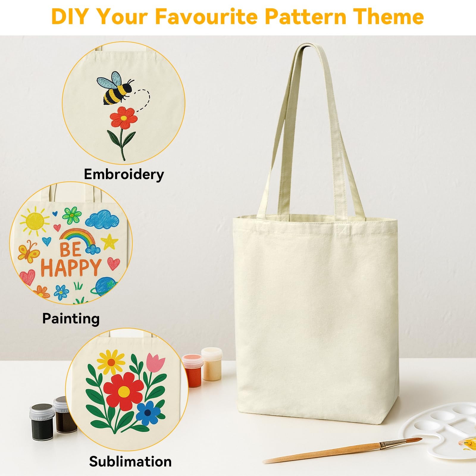 5-Pack 15.7″x13.8″ Natural Canvas Cotton Tote Bags, Lightweight Medium Reusab…