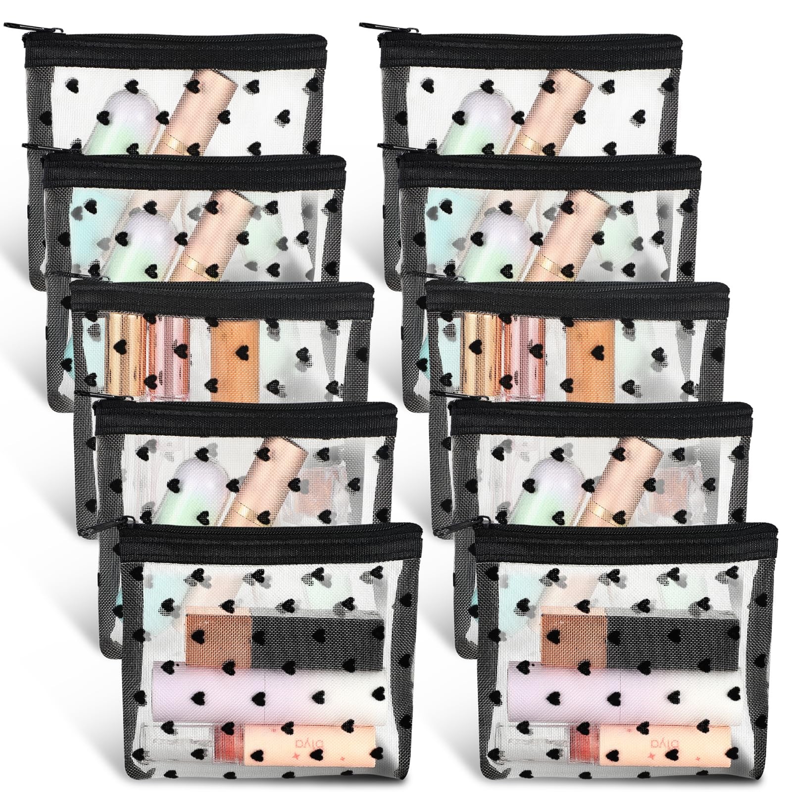 MBAIYO 10pcs Mini Mesh Makeup Bags Zipper, Heart Print Cosmetic 3D Beige