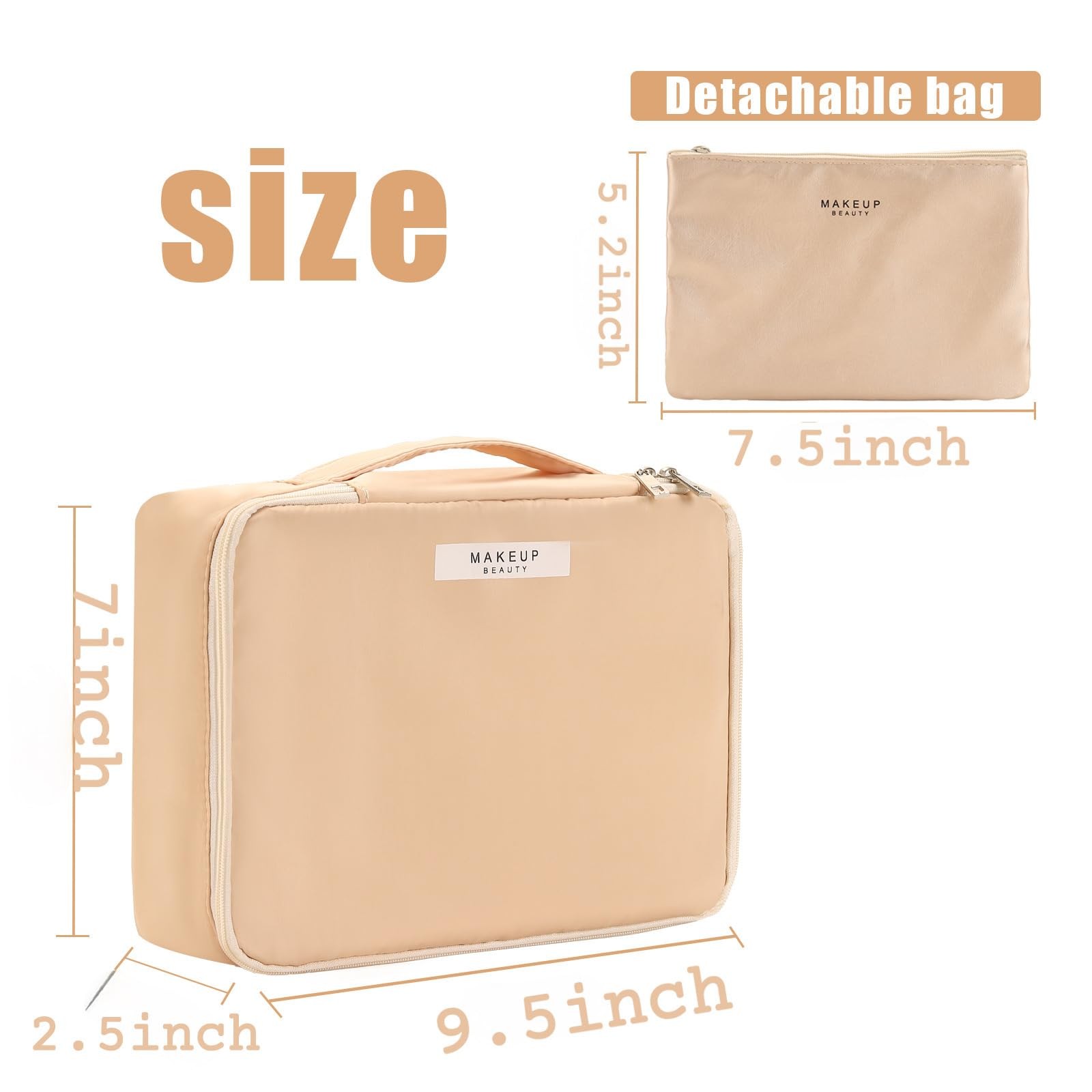 Queboom Travel 9.5*2.5*7(in) (main bag), 7.5*5.2(in) (small Beige