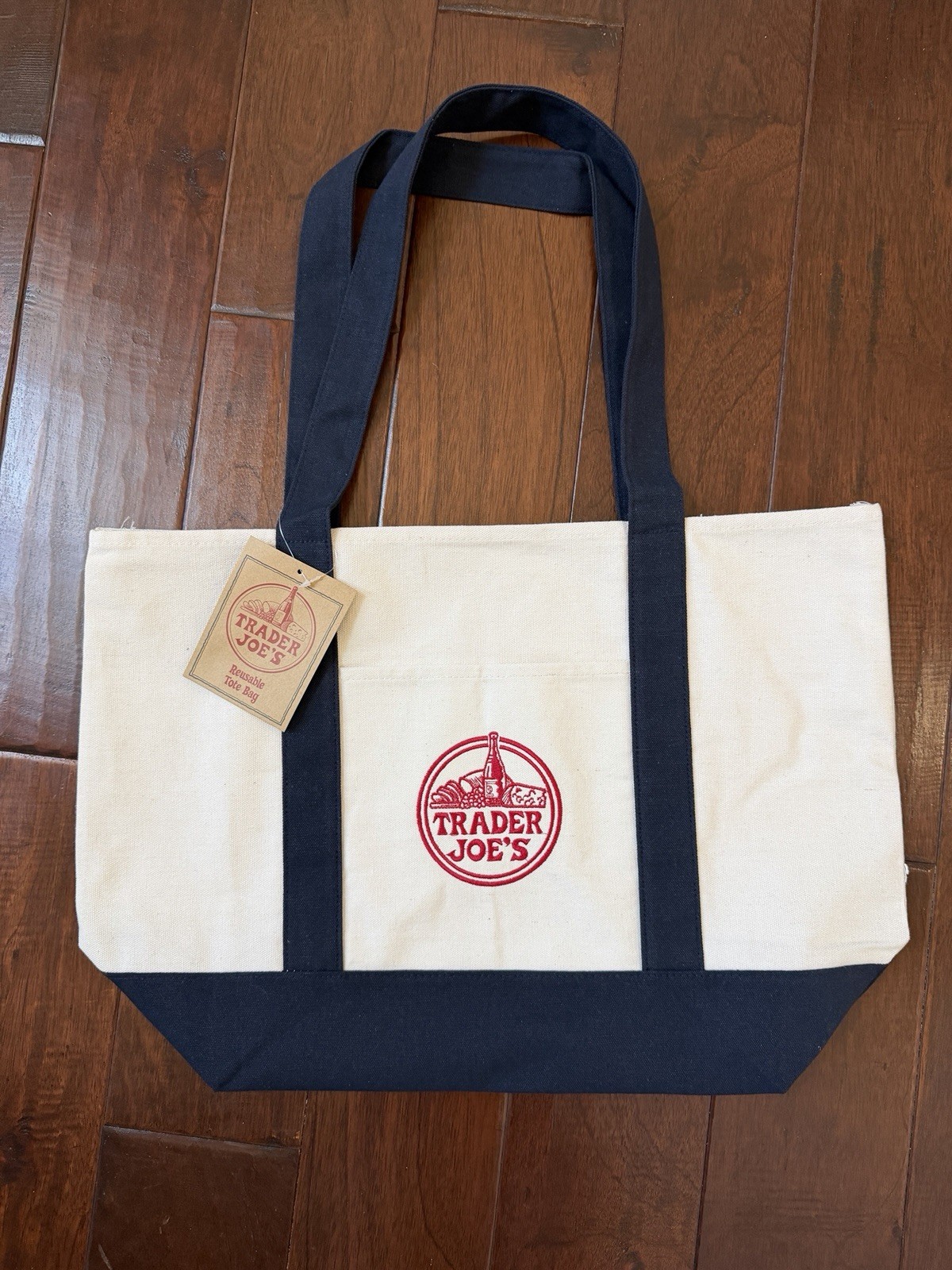 Trader Joe’s Canvas Reusable Shopping Bag Foldable Navy Blue Beige Red