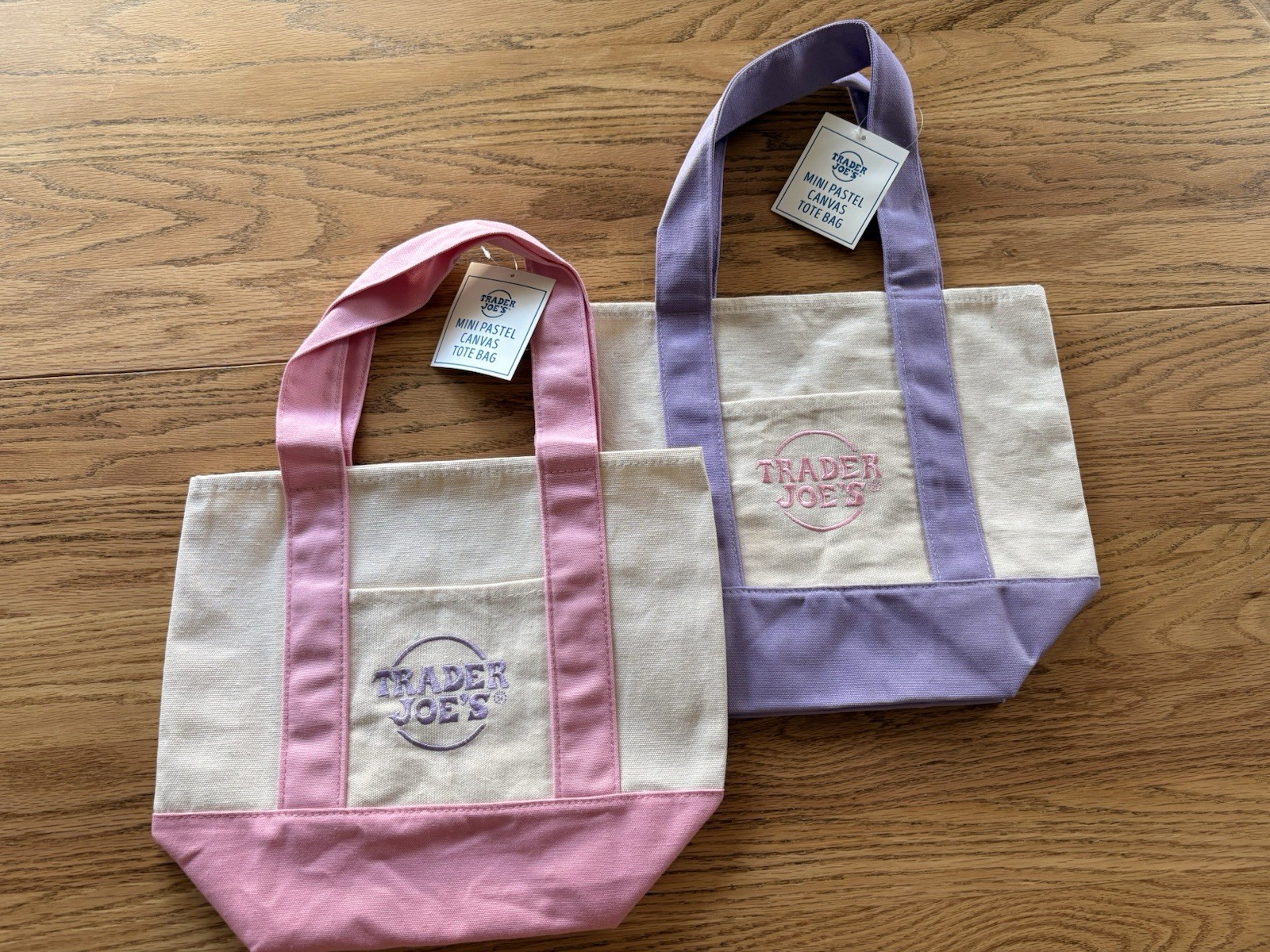 Trader Joe’s Mini Pastel Foldable Canvas Tote Bags Pink Purple Beige 2-Pack
