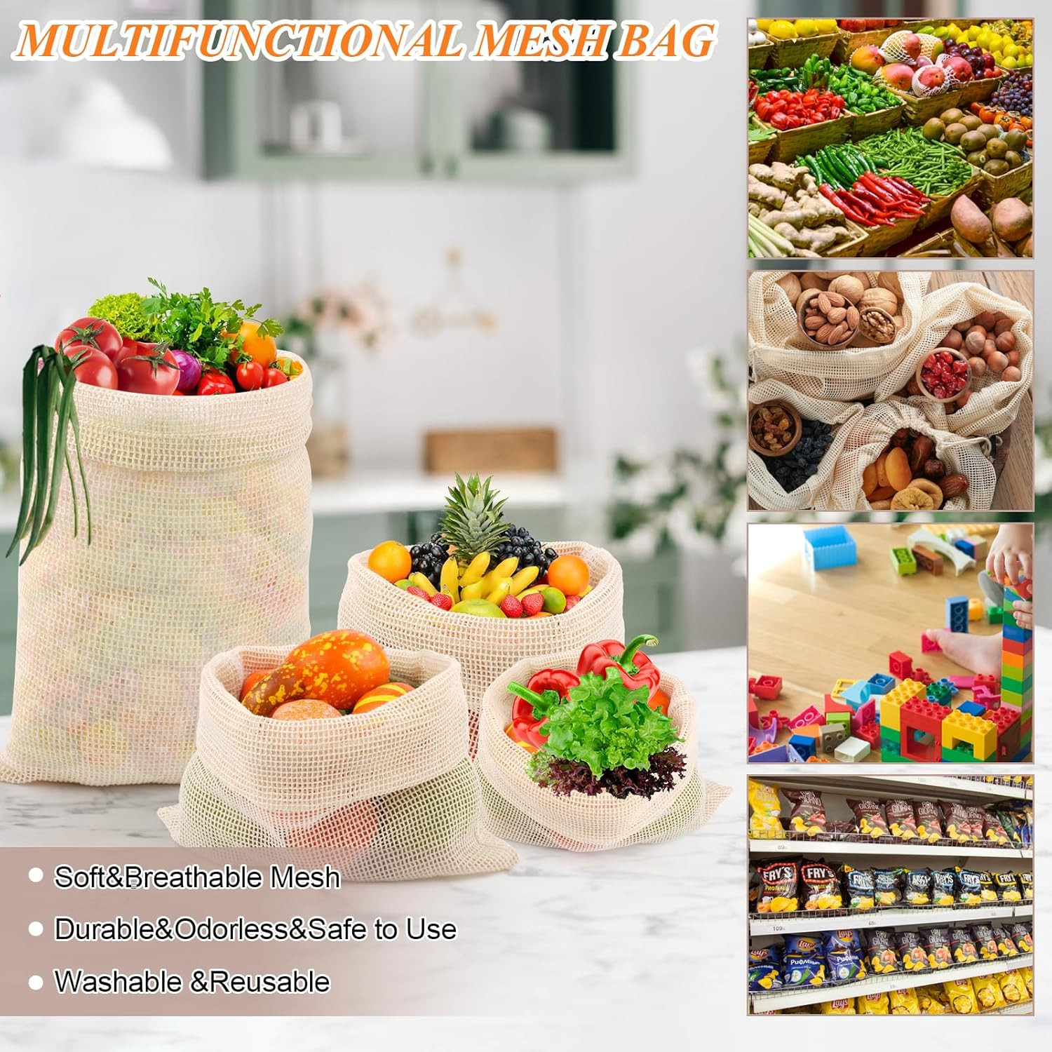 8 Pack Reusable Produce Bags Grocery Washable, Cotton Mesh Vegetable Bags for Re