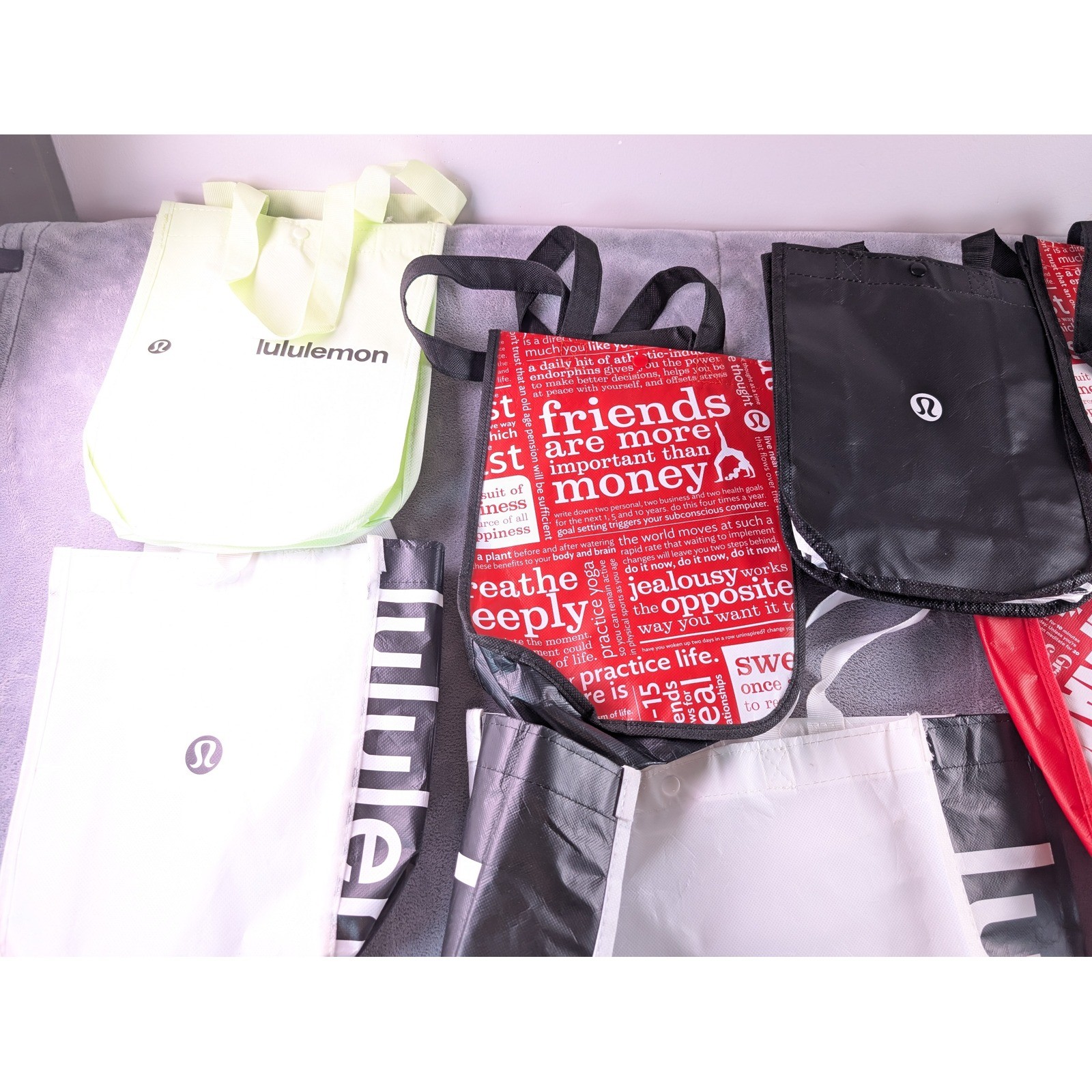 Lululemon Reusable Shopping Tote Bag Lot of 12 Red Black Lime Small Medium Large