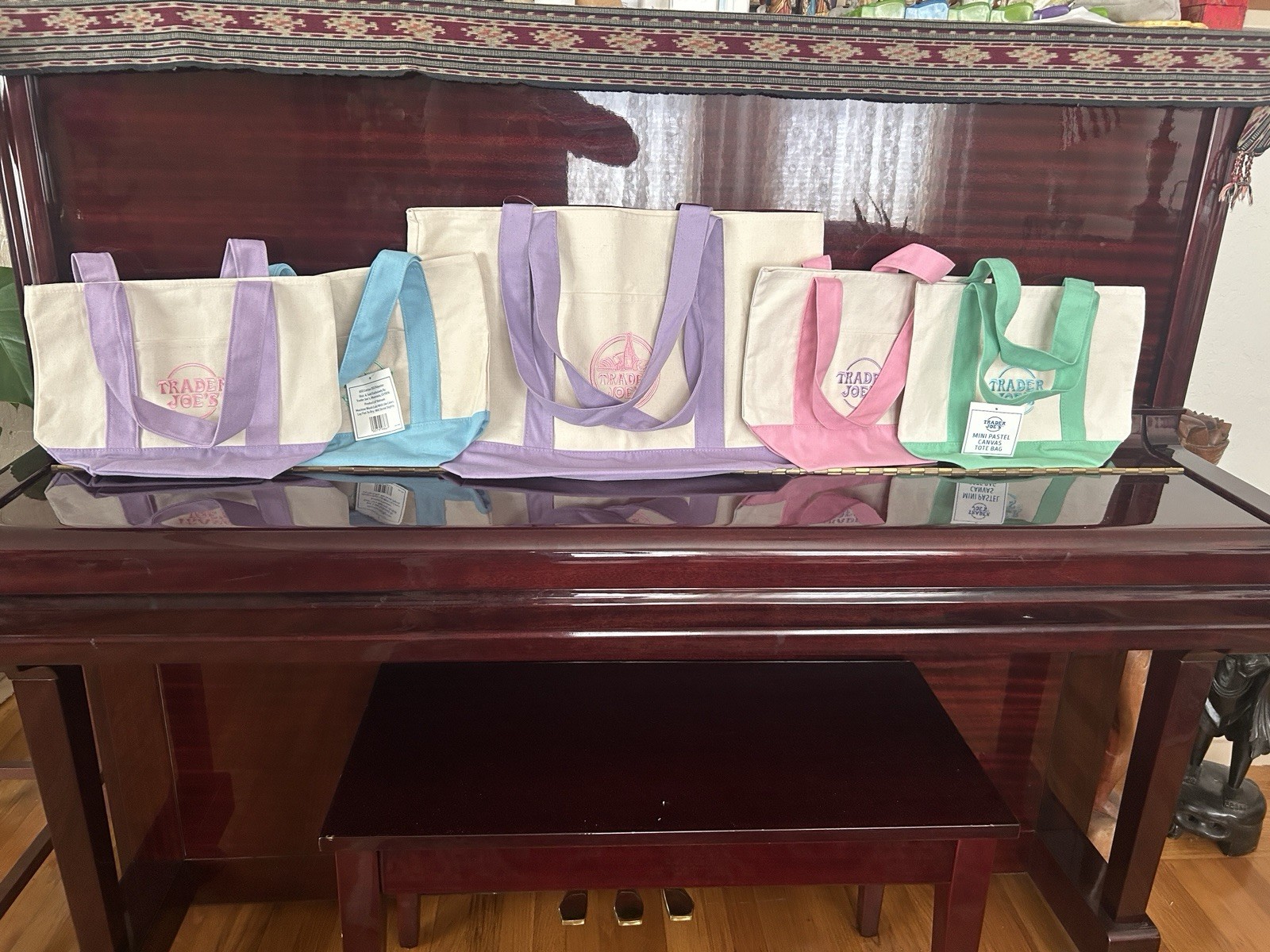 Trader Joe’s LARGE Lavender Canvas Tote Bag AND 4 Mini Easter Canvas Tote Bags