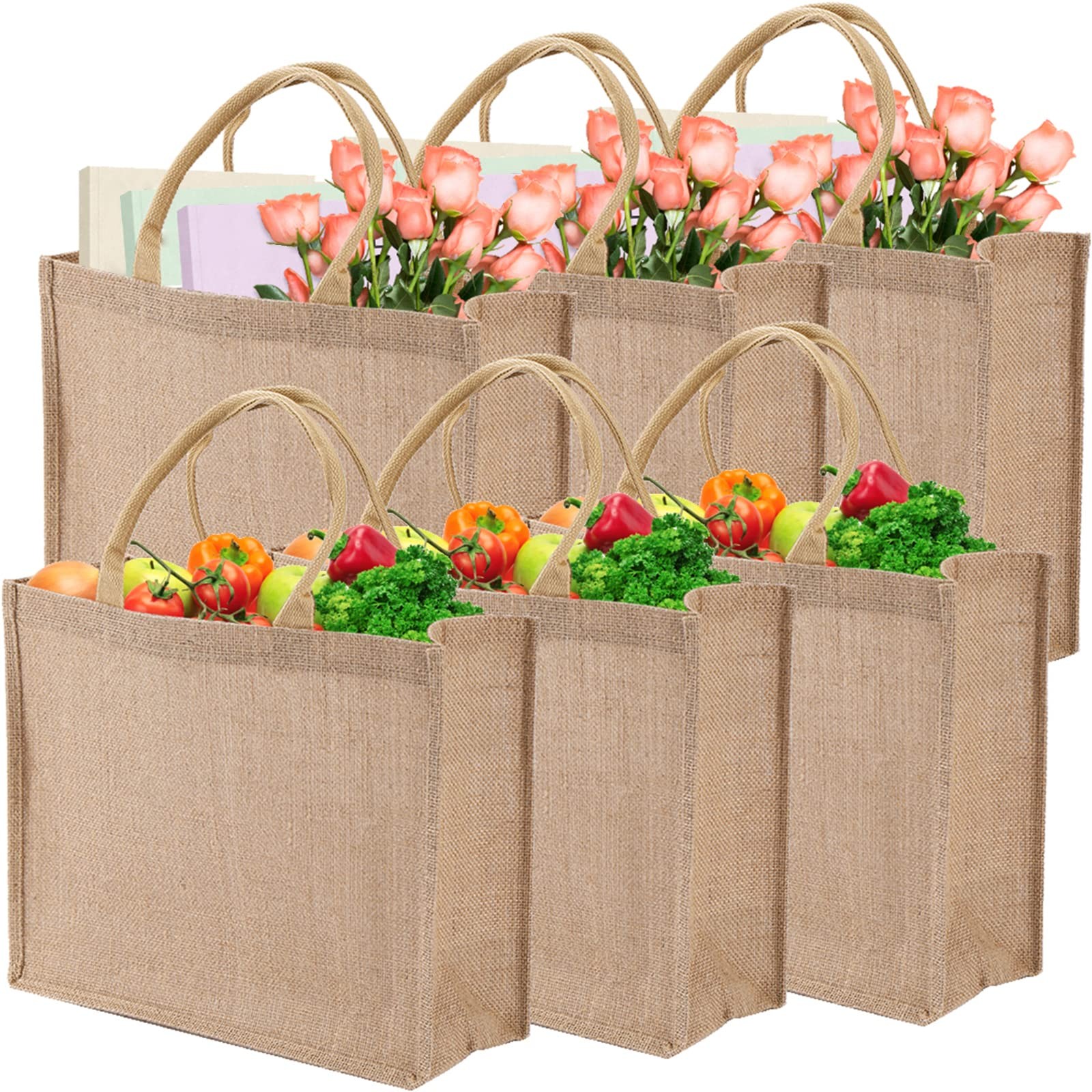 6 Pack Large Jute Burlap Tote Bag, Jute Beach Bag with Laminated Interior, Bu…