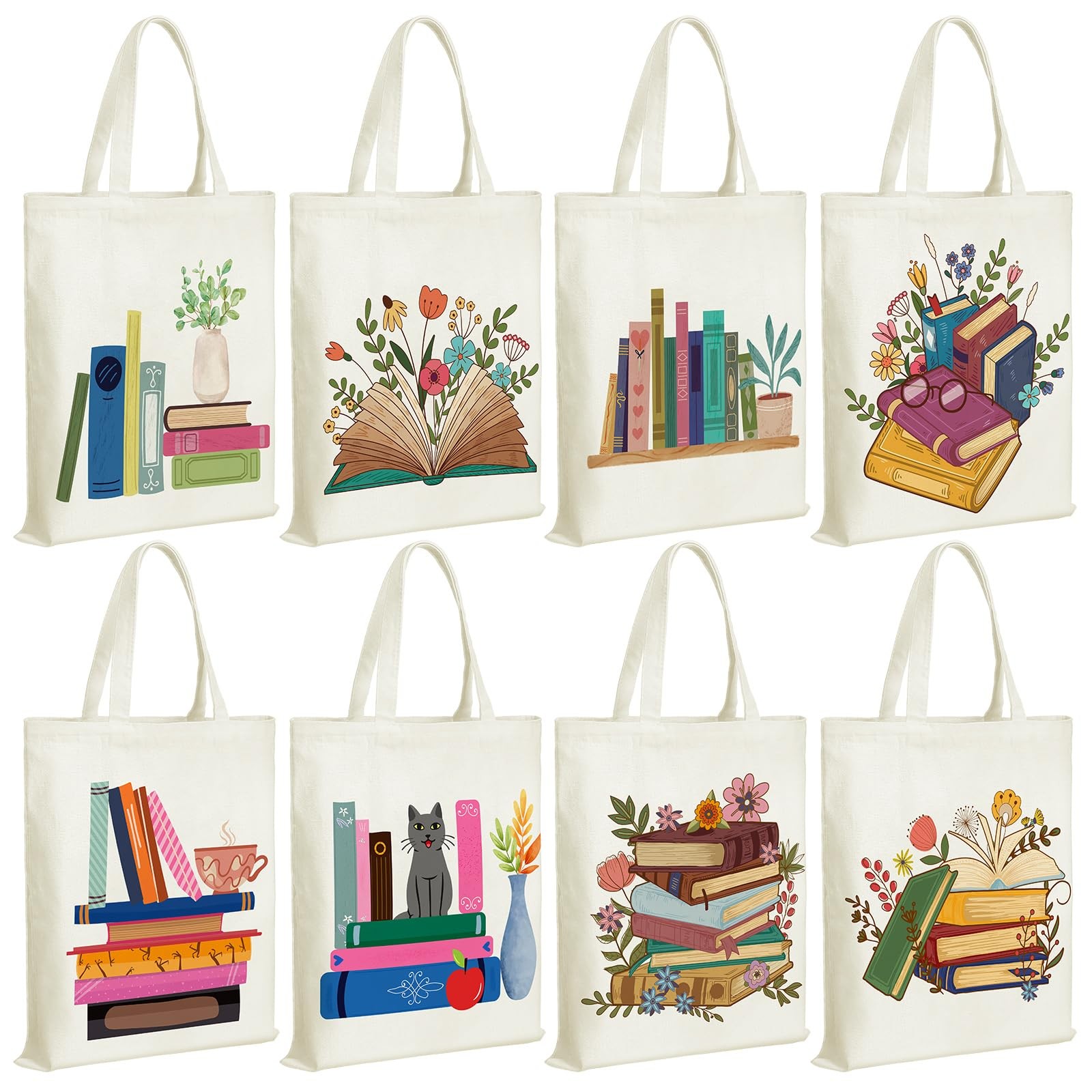 8 Pcs Book Lovers Club Gifts Bulk Canvas Tote Bags Bookish Librarian Reader G…