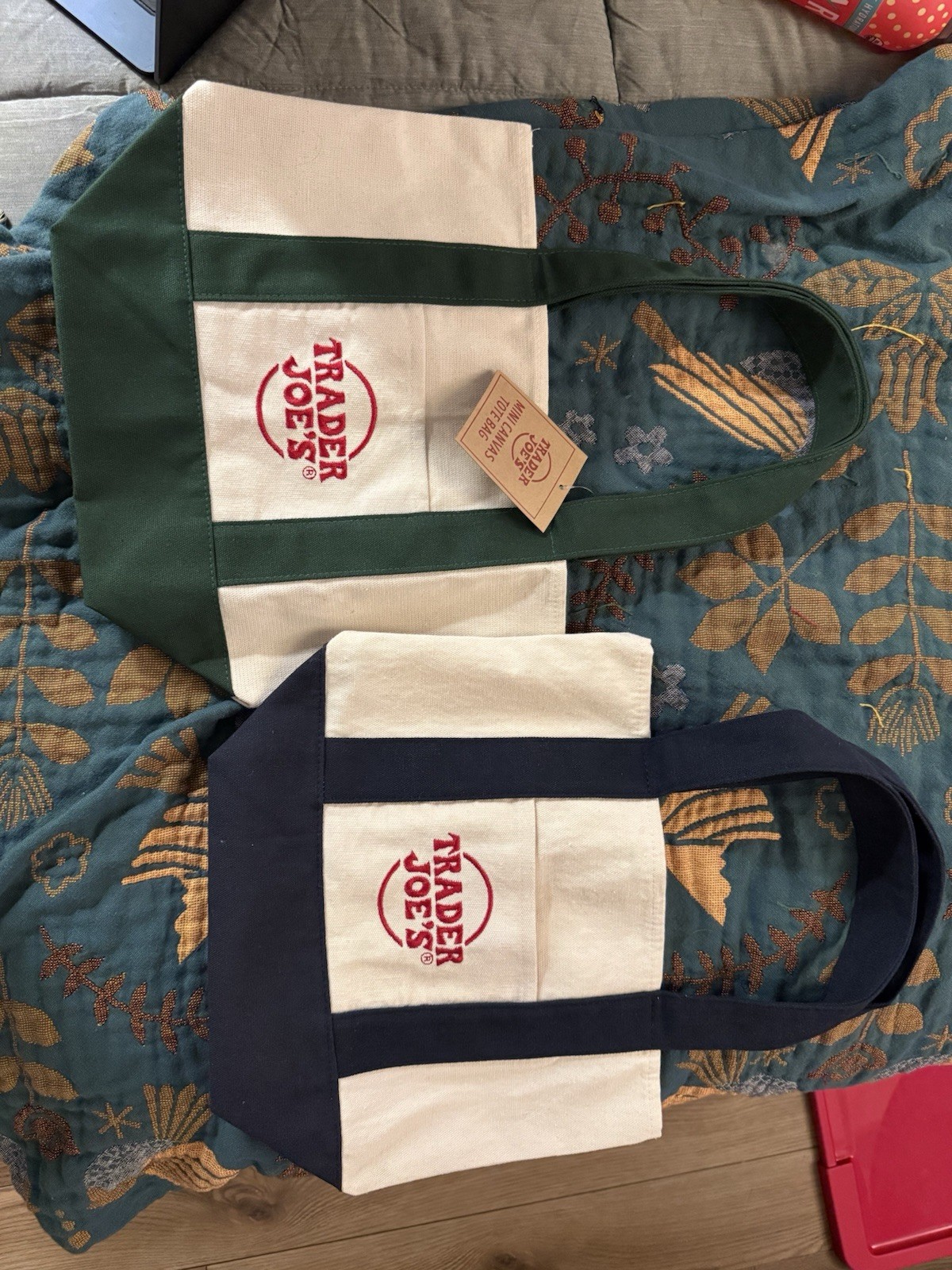 Trader Joe’s Original Canvas Bag. Set Of 2. Green And Blue NEW