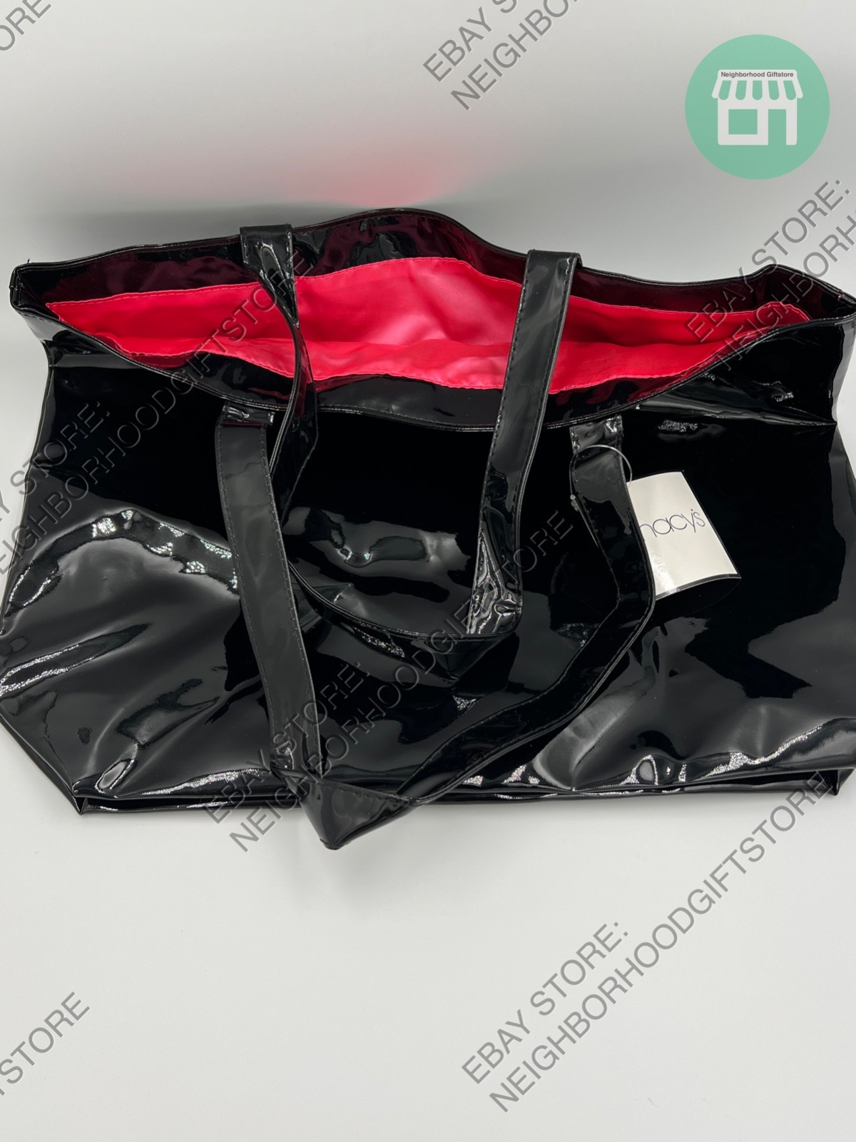 MACY’S Shopping Tote Bag 16″x13″x4″ Large Vinyl Tole Bag BLACK NEW PICTURES.