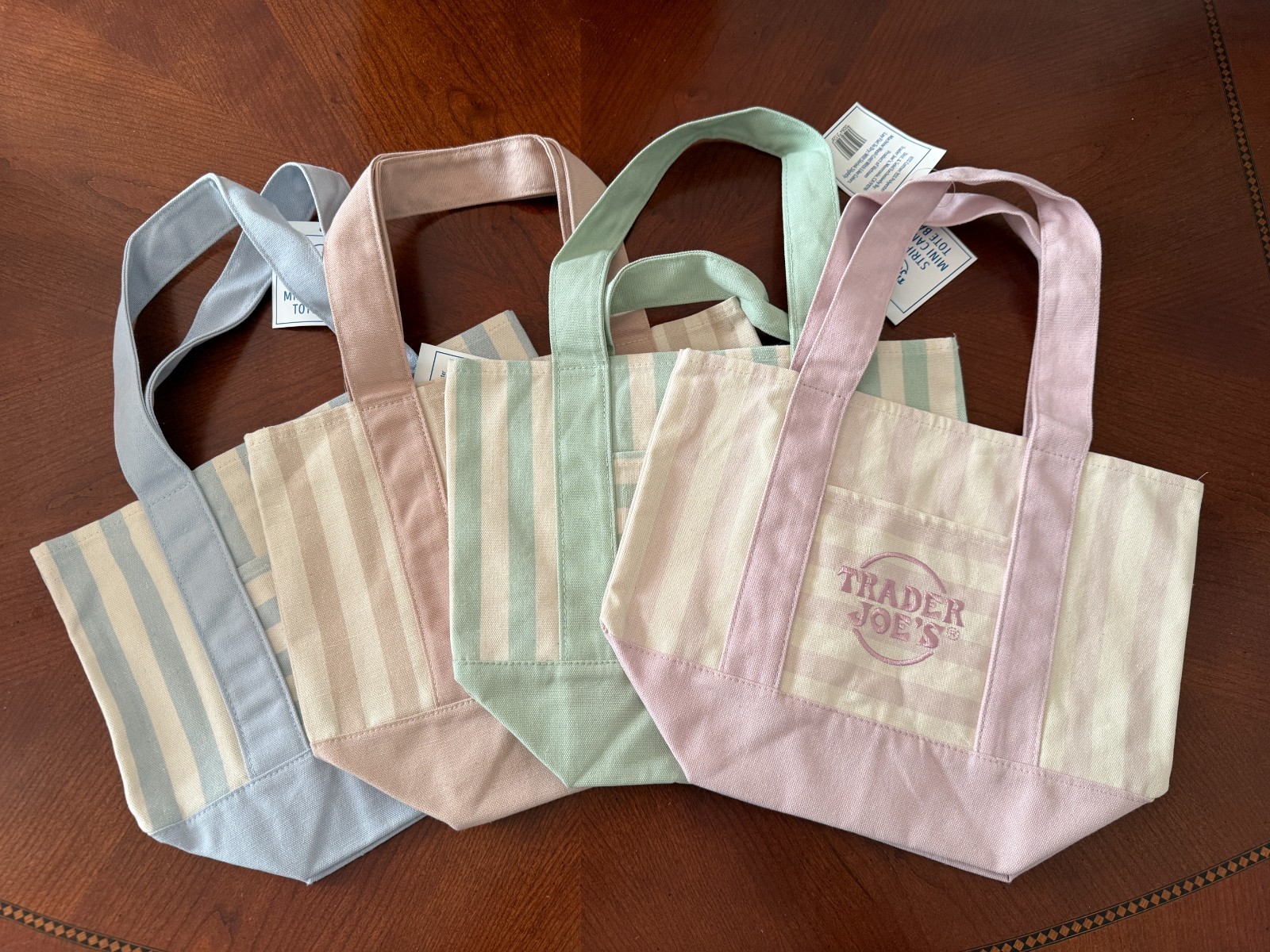 Trader Joe’s Mini Canvas Striped Tote Bag Set Of 4 Pink Blue Green Tan New