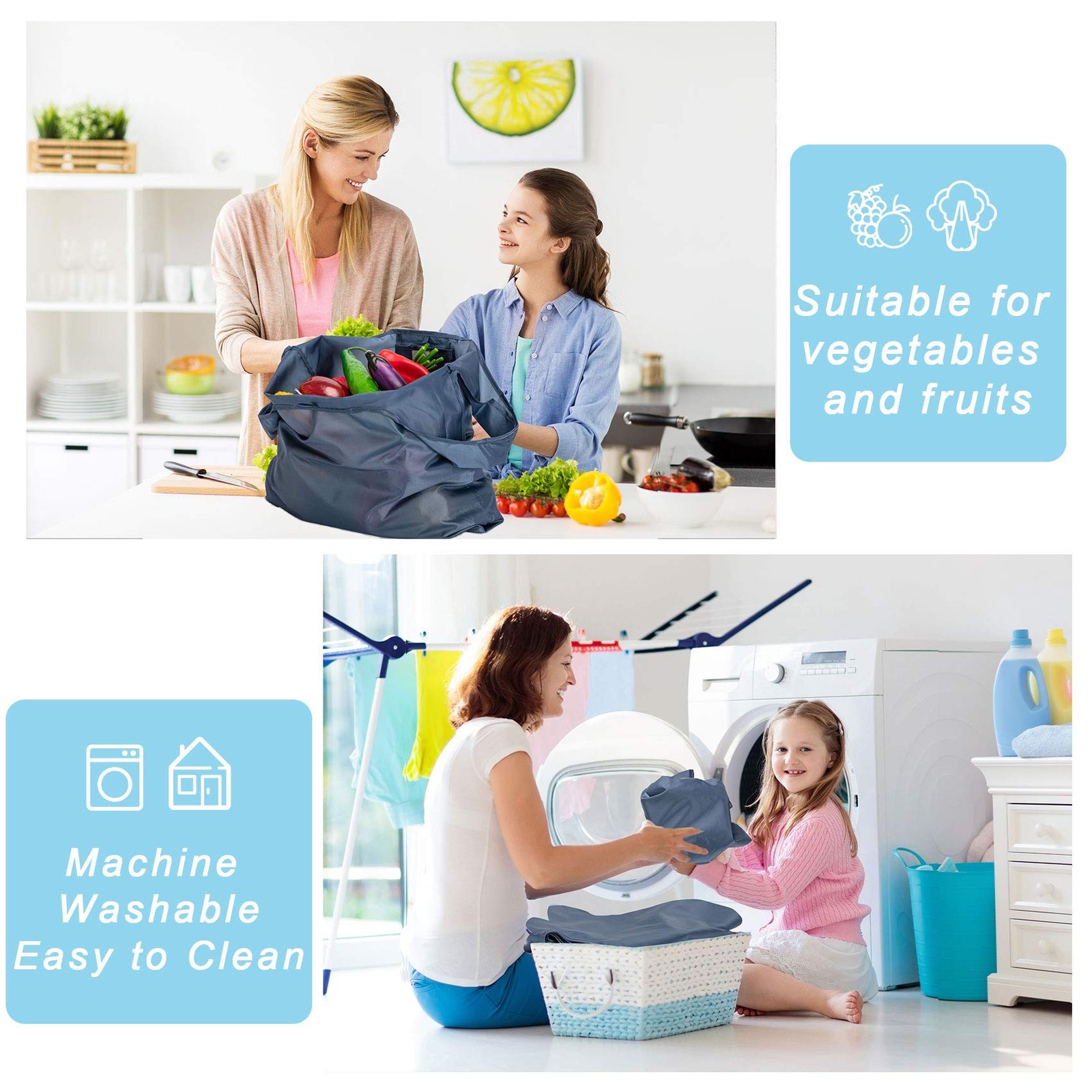 Large Reusable Bags Shopping Washable Foldable 6 Pack Large, Gray