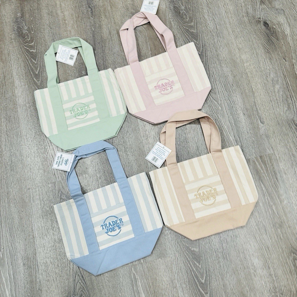 TRADER JOE’S MINI PASTEL STRIPE CANVAS TOTE BAGS SET Of 4 PINK BLUE GREEN BEIGE