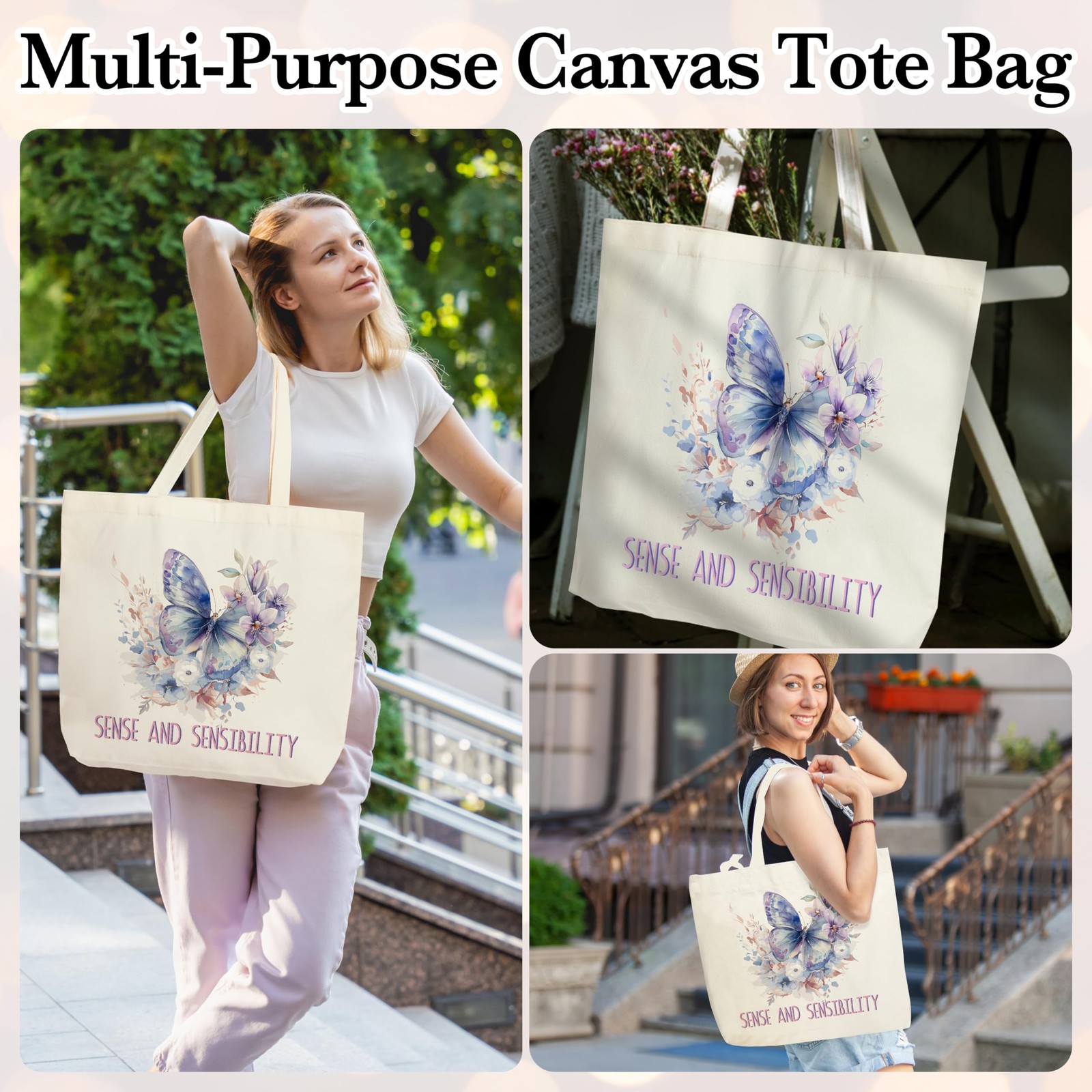 ‘s Canvas Tote Bags, Aesthetic Boho Gifts For , Flowers And Butterflies Patte…