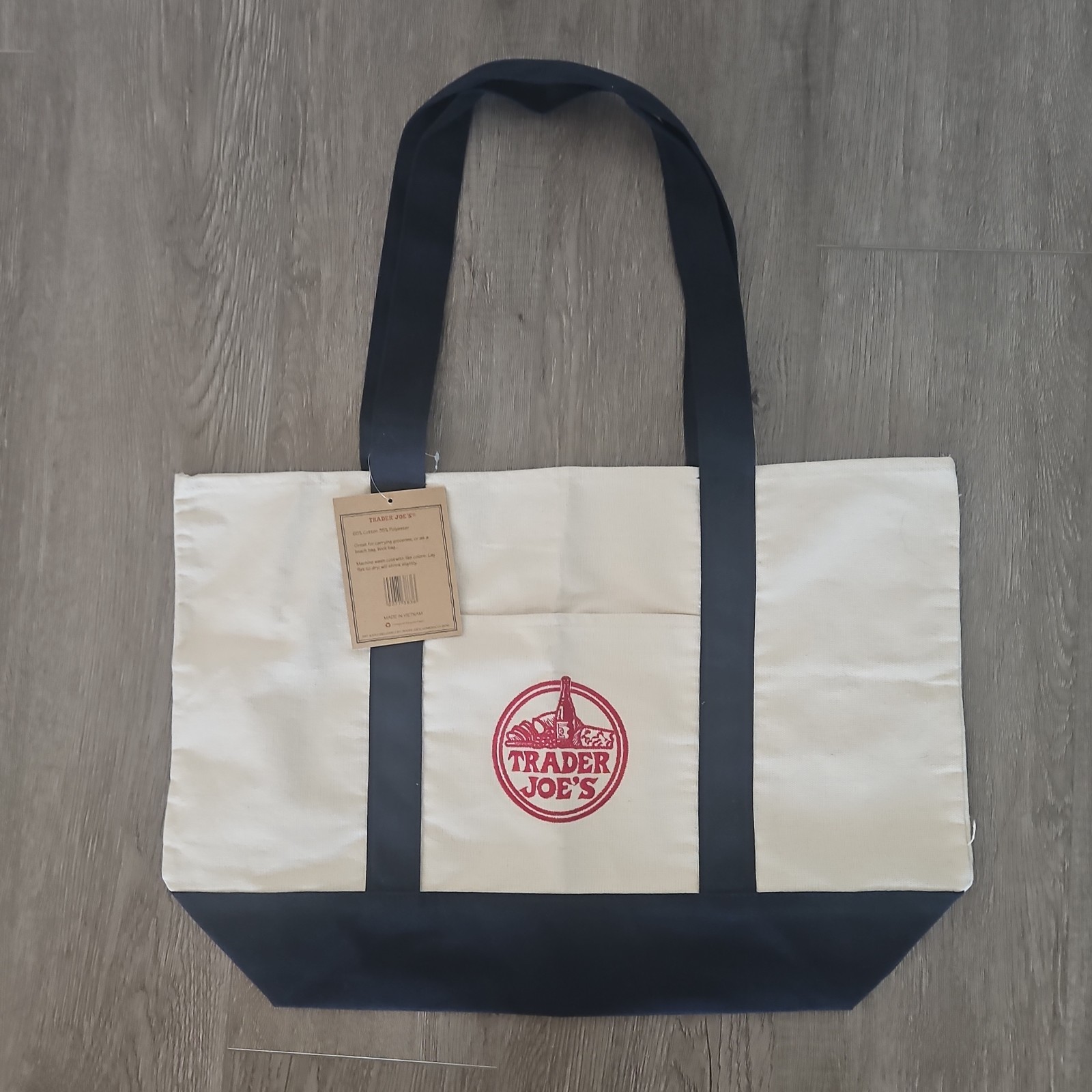Trader Joe’s Canvas Reusable Shopping Bag Foldable Beige Navy Blue