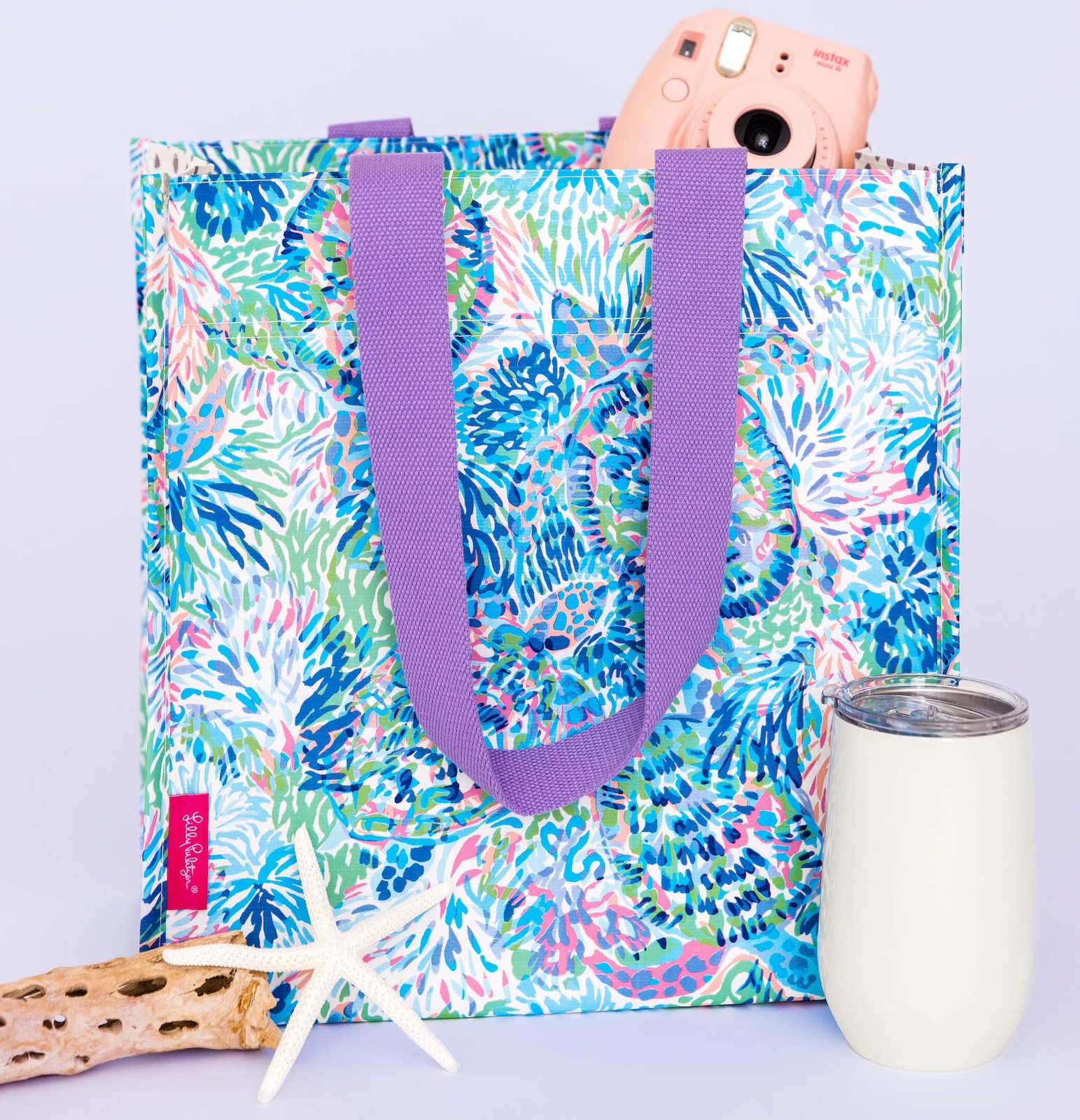 Lilly Pulitzer Purple/Blue Market Shopper Bag, Reusable Grocery Tote with Comfor