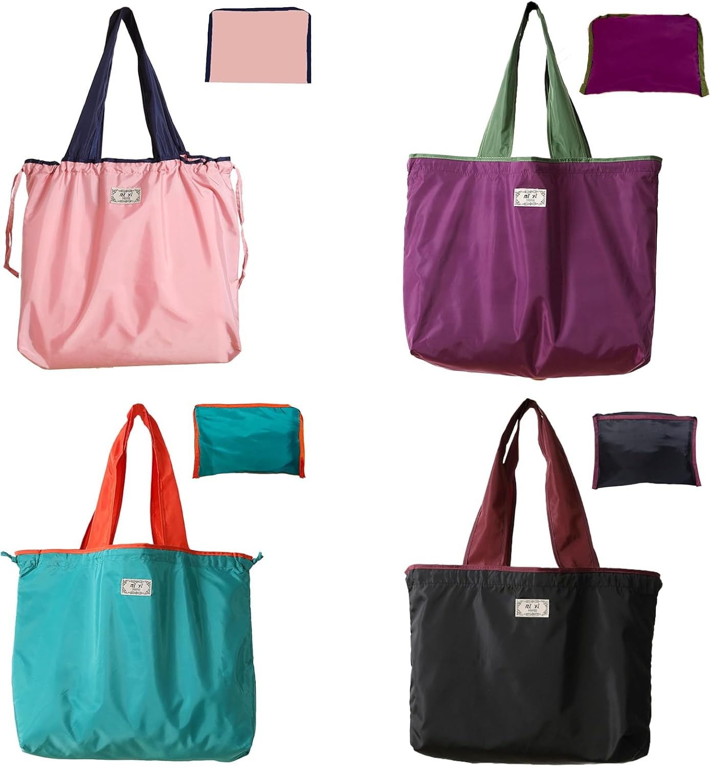 4 PC Foldable Reusable Shopping Bag 210D Nylon Waterproof Travel Grocery Tote W/