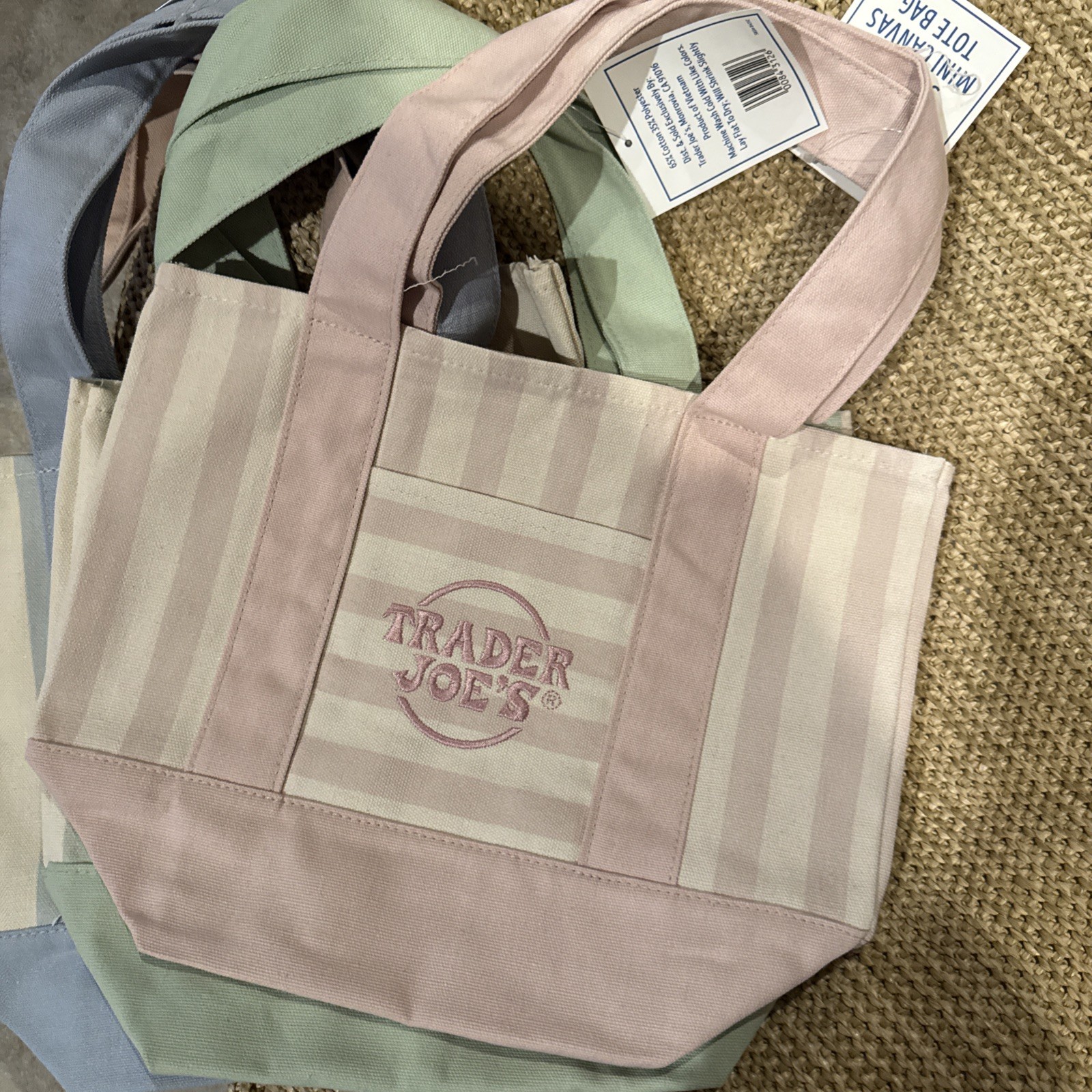 TRADER JOE’S MINI PASTEL STRIPE CANVAS TOTE BAGS SET Of 4 PINK BLUE GREEN BEIGE