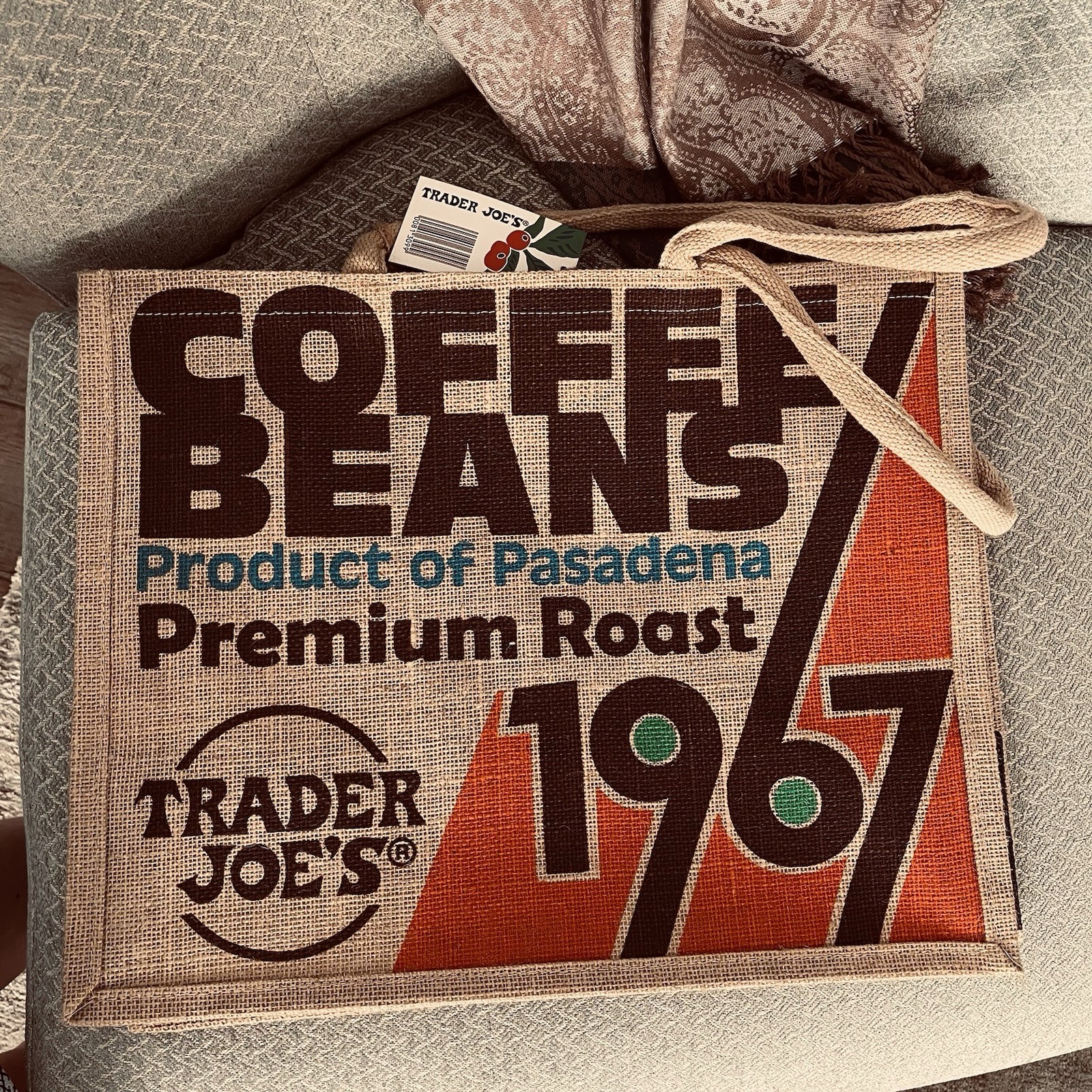 Trader Joe’s 1967 Pasadena Coffee Beans Tote Bag Beige Graphic Print 18x12x14