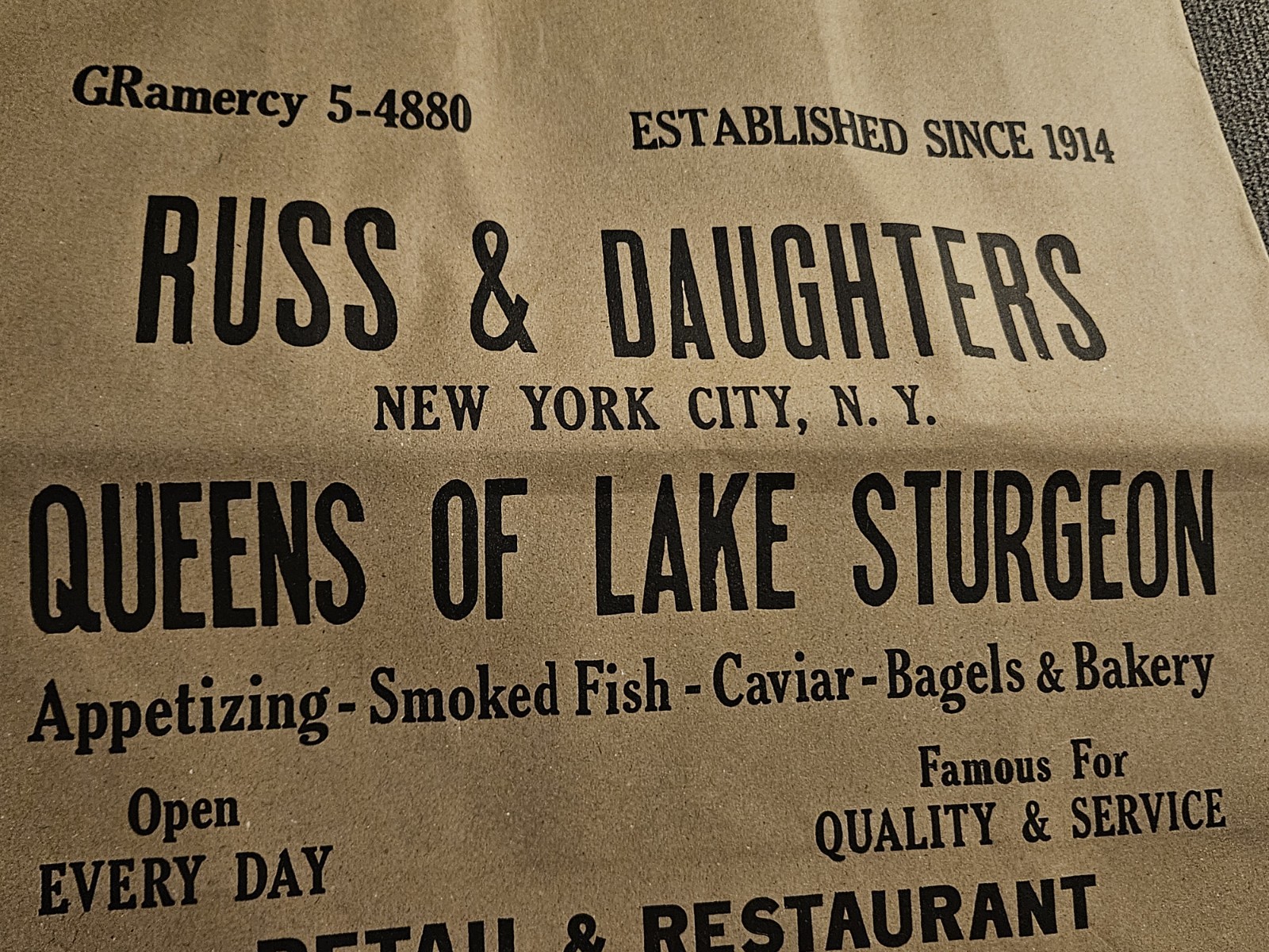 Russ & Daughters Brown Paper Tote Shopping Graphic Print Bag New York Bagel RARE