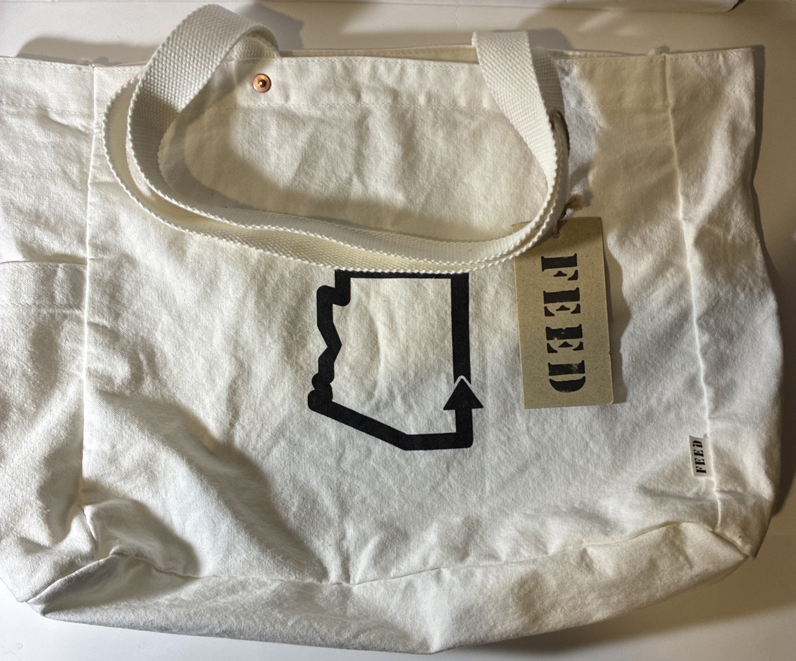 FEED Tote Reusable Bag Canvas Ivory 15.5 X 13.25 X 5”￼
