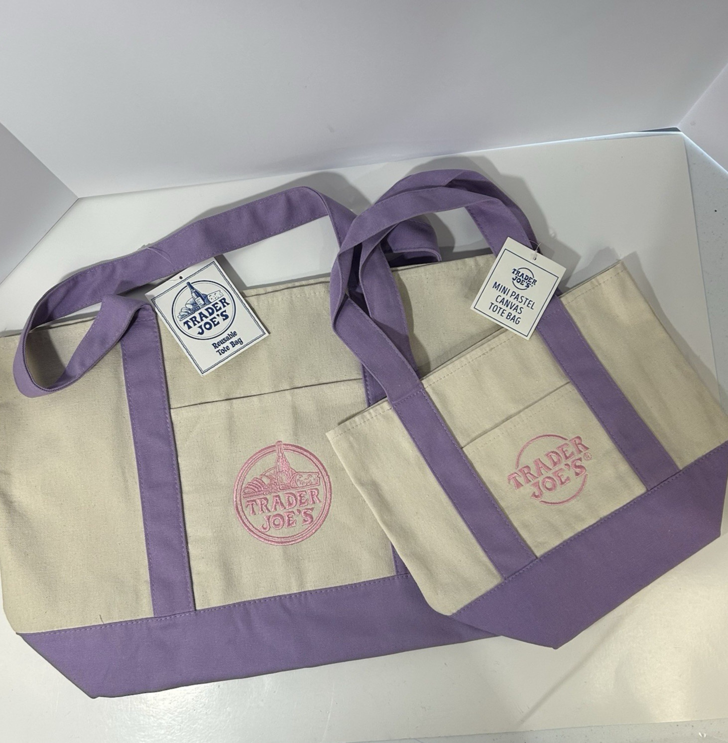 Trader Joe’s Set Of 2 Large And Mini Lavender Canvas Tote Bag New w/ Tags