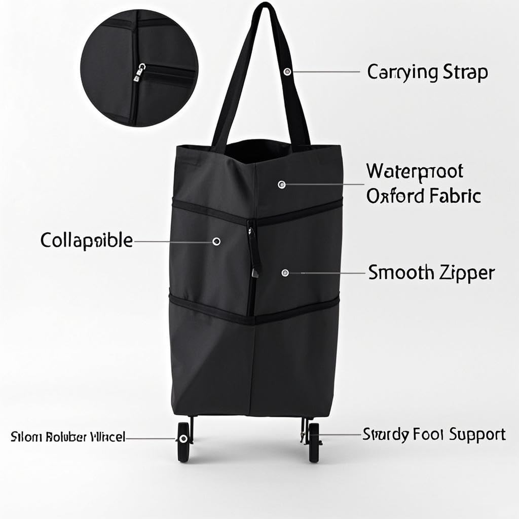 2 in 1 Foldable Shopping Cart with Wheels for Groceries, 25kg Grocery Cart on…