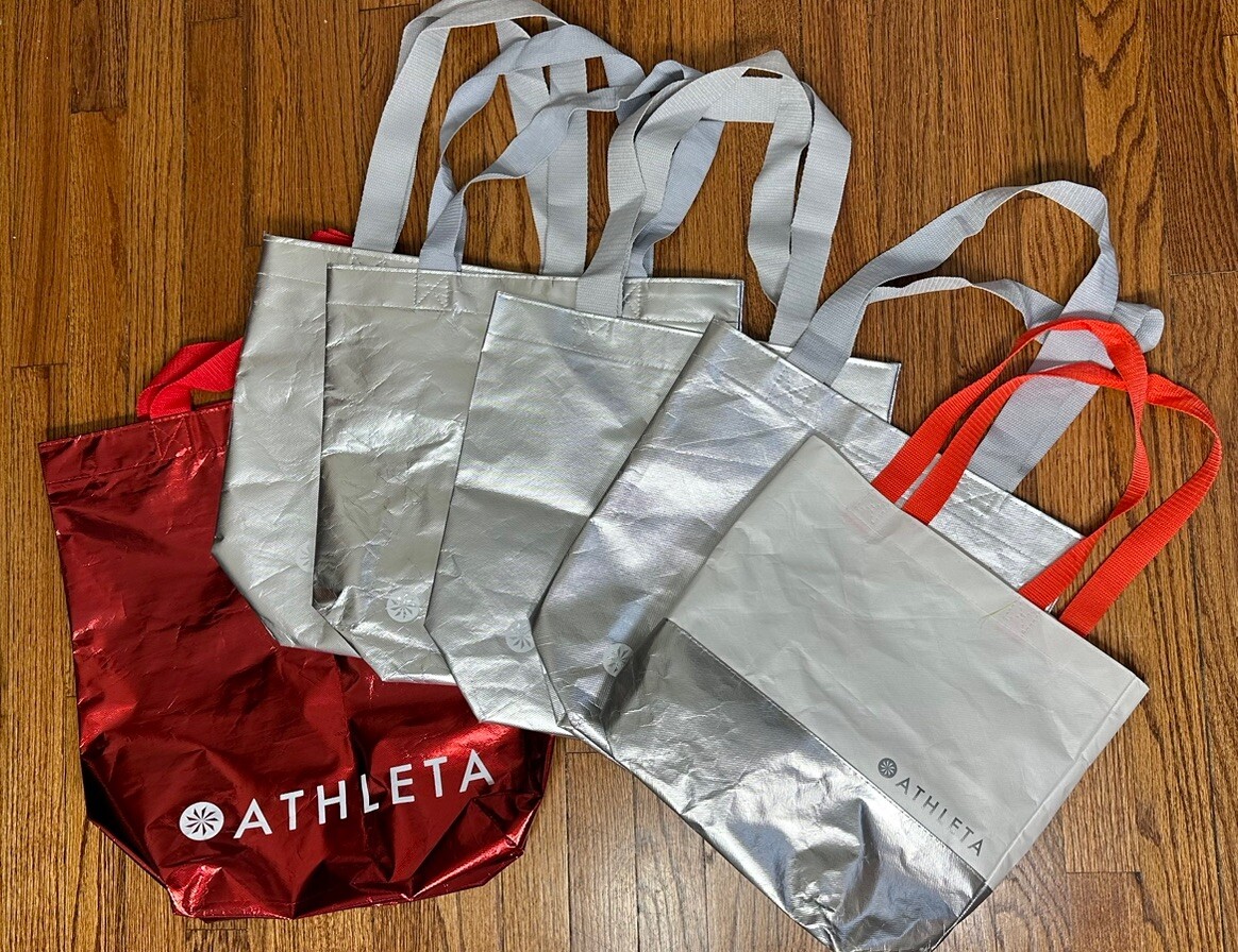ATHLETA Lot Totes Silver White Red Reusable Shopping Bag 18″ X 17″