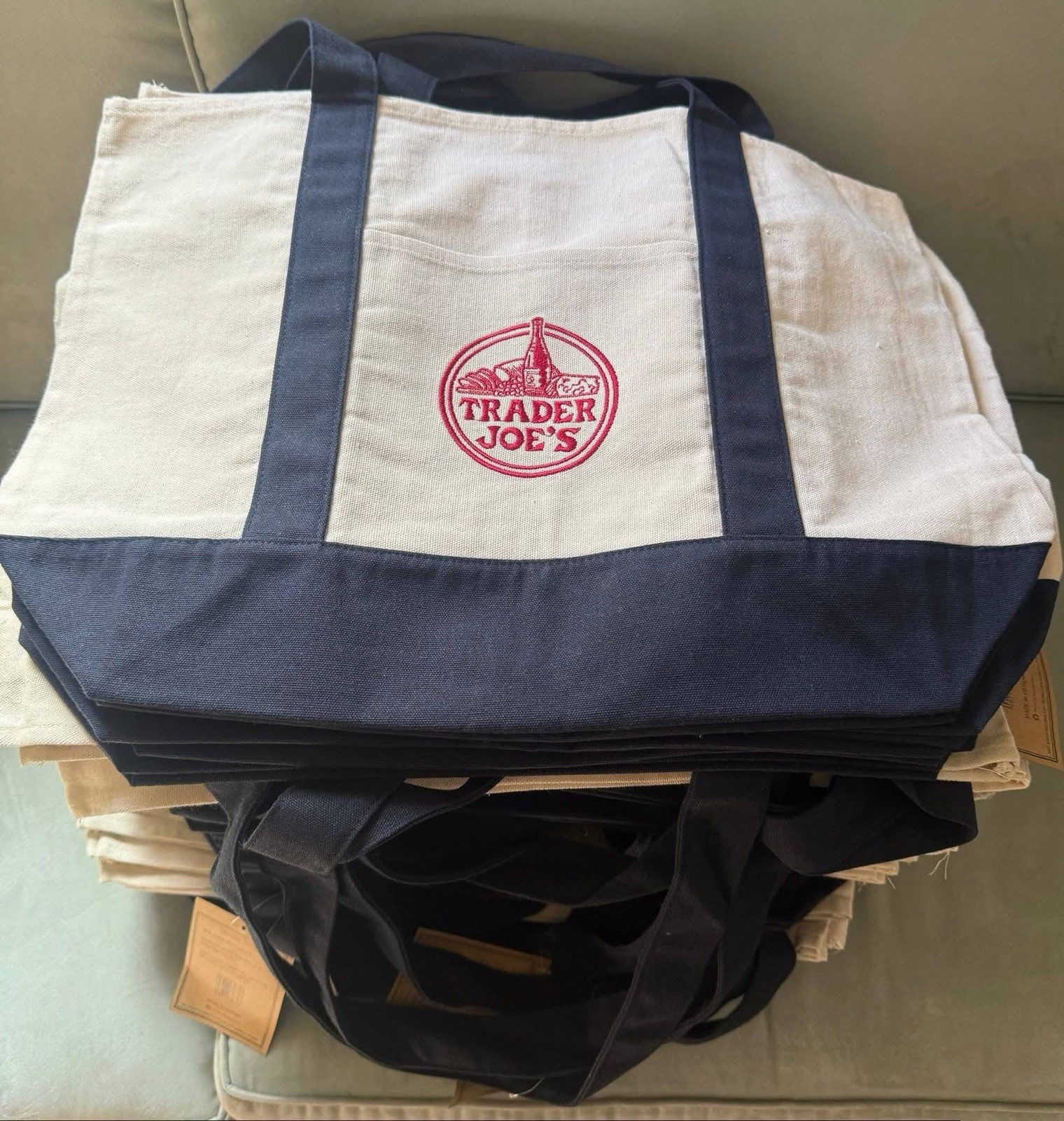 Trader Joe’s Canvas Reusable Foldable Shopping Bag Beige Navy Blue