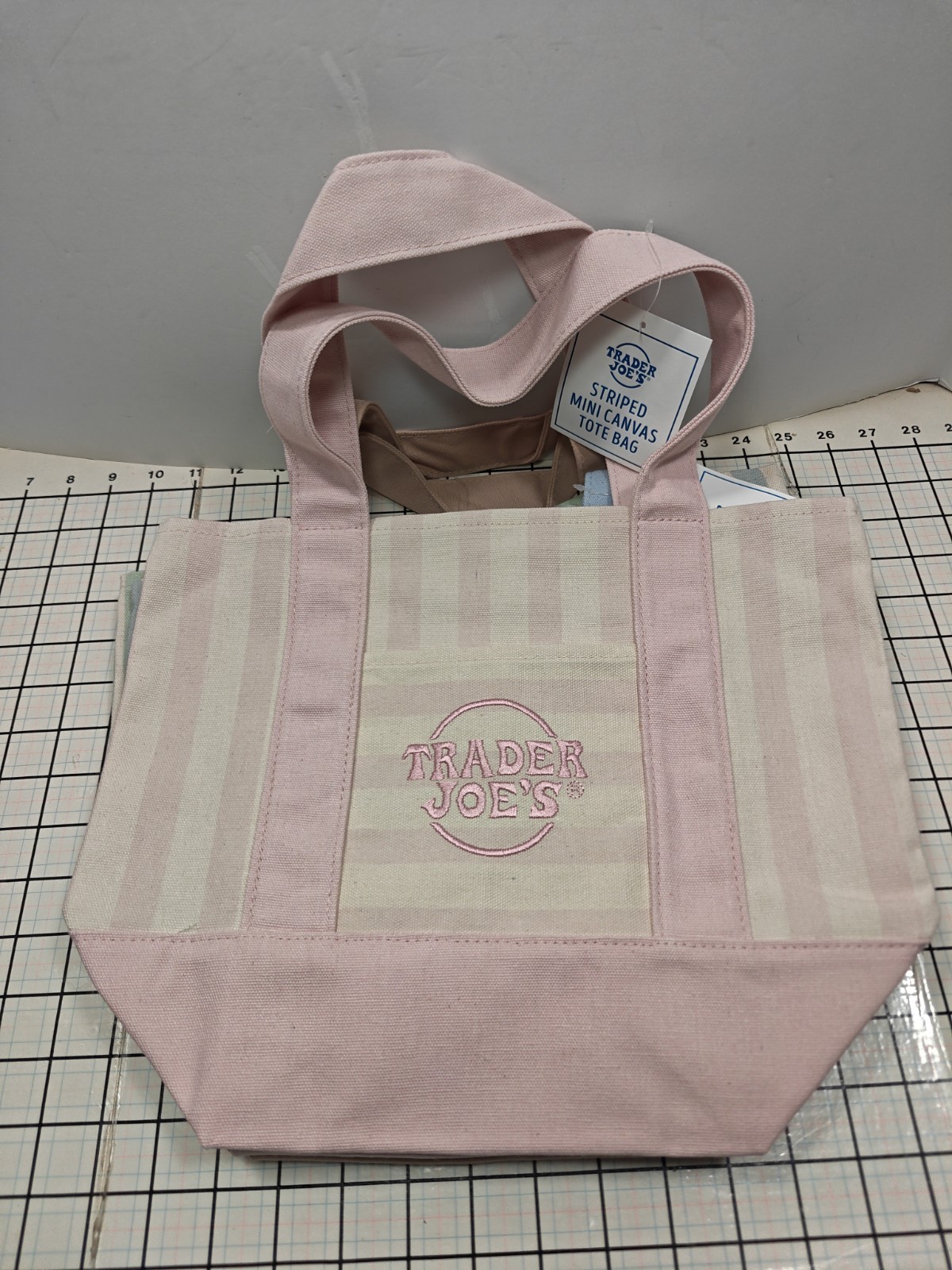 TRADER JOE’S Pastel Striped Mini Canvas Tote Bag 4 Colors Pink Blue Green Beige