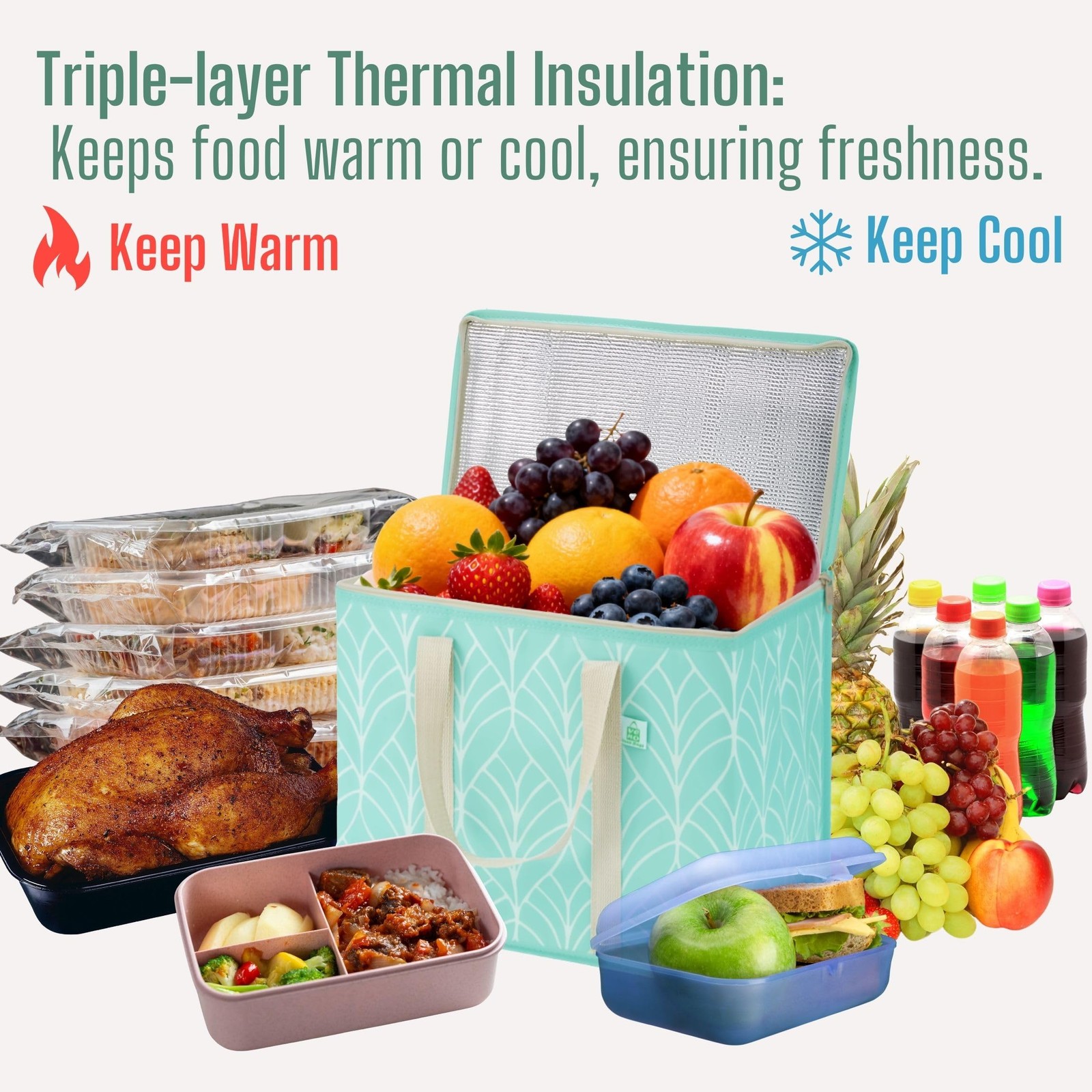 3 PCS Large Evergreen Insulated Cooler Reusable Grocery Shopping Bag Lid