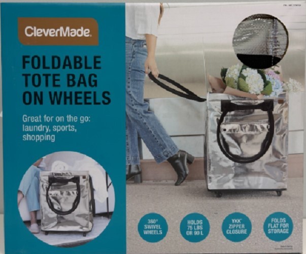 CleverMade 90L 75LB 14”L x 18”W x 24”H Foldable Tote Bag on Wheels Silver NEW
