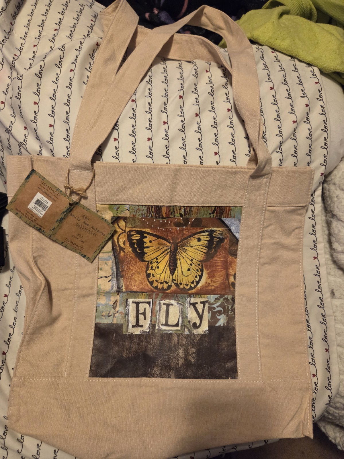 DEMDACO Fly Tote Bag Canvas Butterfly Beige/Multicolor 16x12x12 in