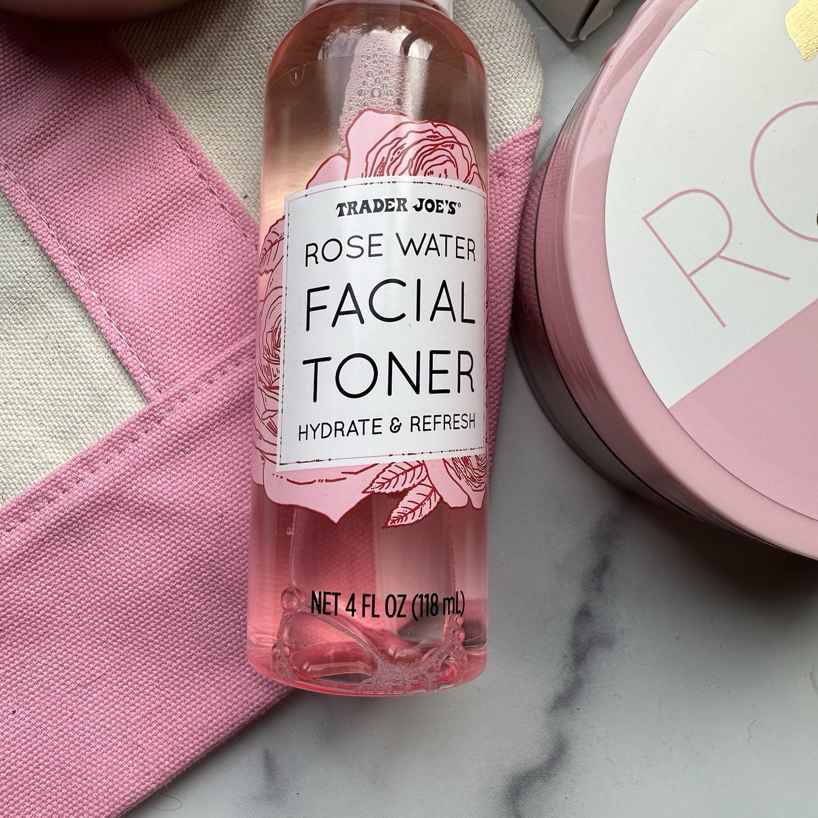 Trader Joe’s Canvas Tote Bag Gift Pink Rose Hand Cream Candle Face Toner Scrub