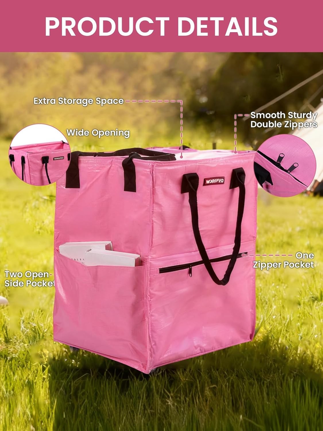 WORKPRO 36-Gallon Rolling Grocery Bag Tote 5 Wheels Dual Carry Large Storage Bag