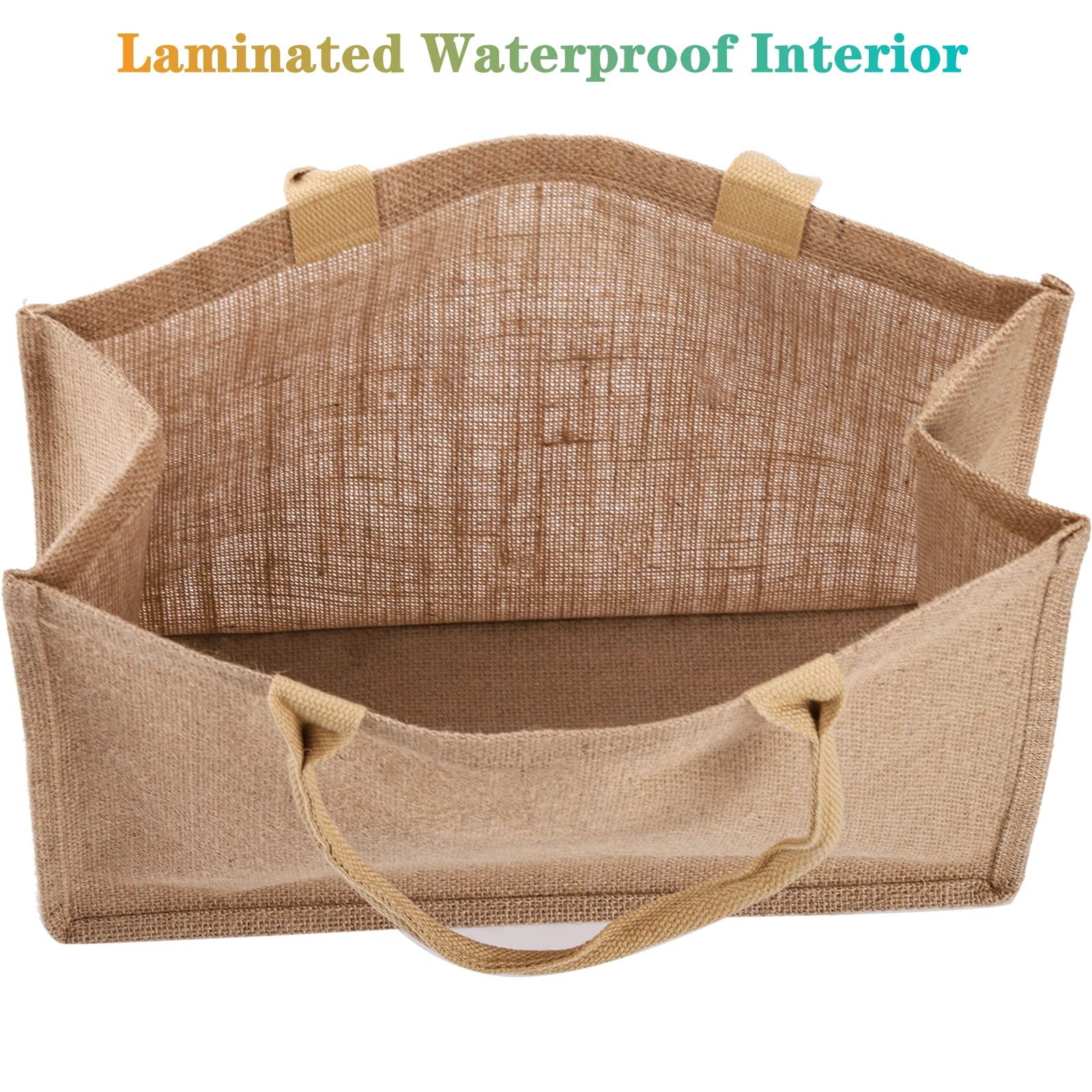 6 Pack Large Jute Burlap Tote Bag, Jute Beach Bag with Laminated Interior, Bu…