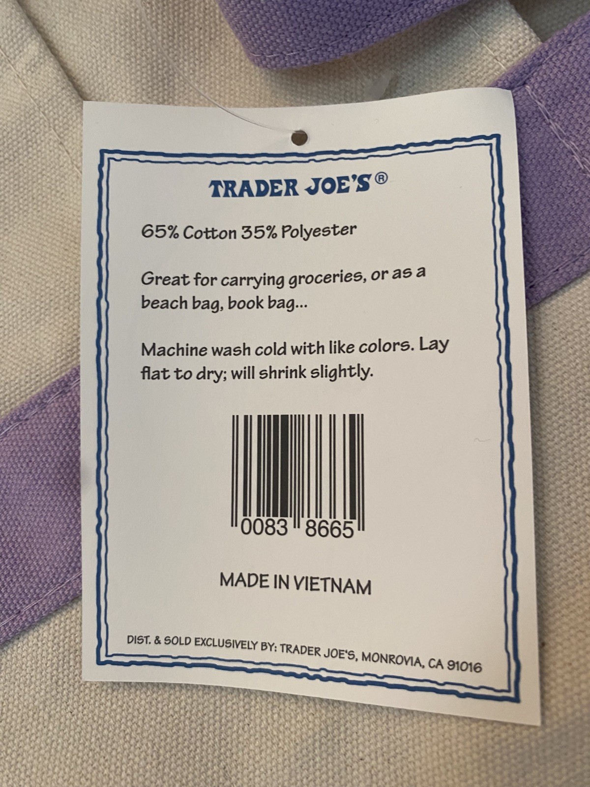 Trader Joe’s Canvas Large Lavender Tote Bag