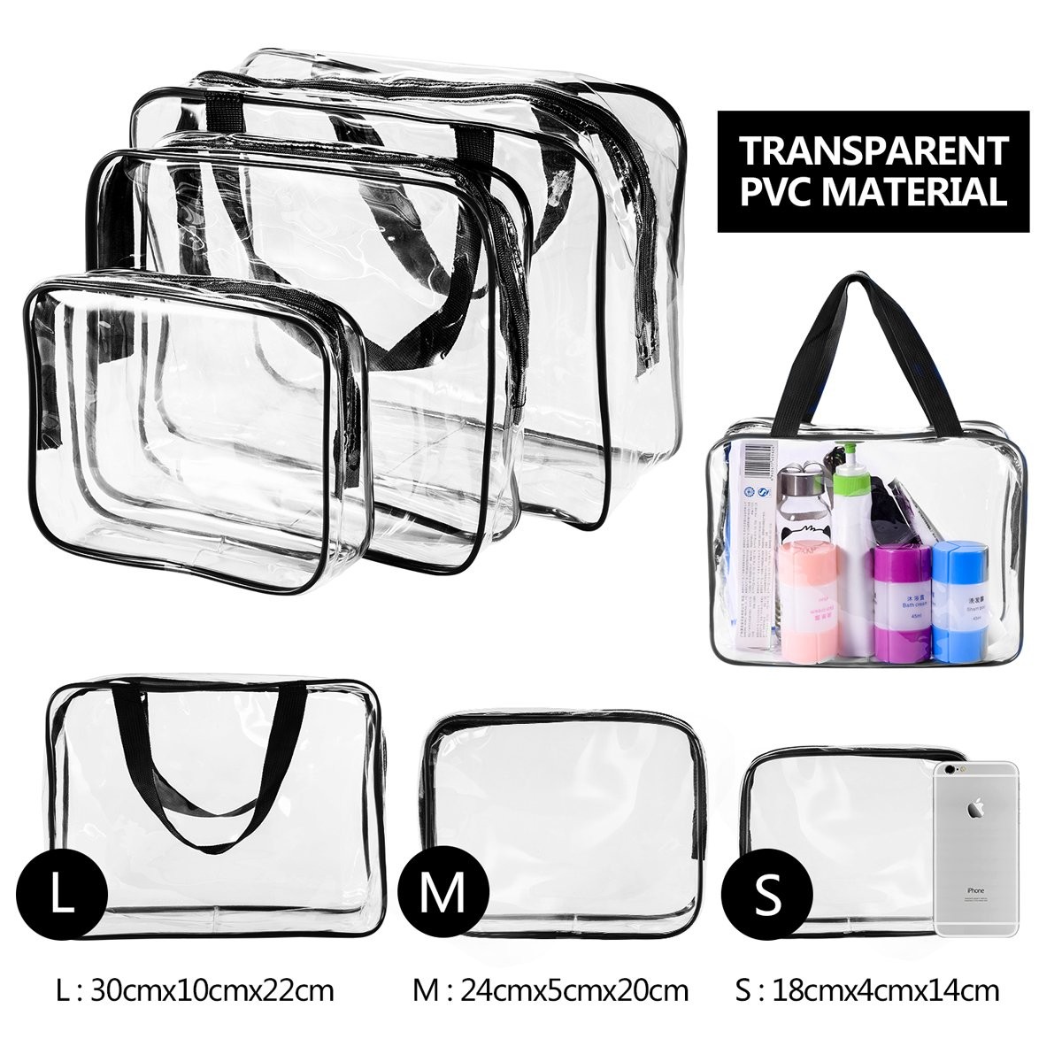 3Pcs Crystal Clear PVC Travel 3 Piece Set, 1 Large, 1 Medium, 1 Small-Black