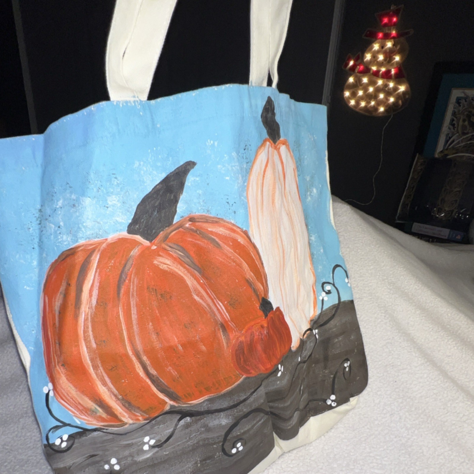 Foldable Canvas Reusable Shopping Bag Pumpkin Print Orange White Blue