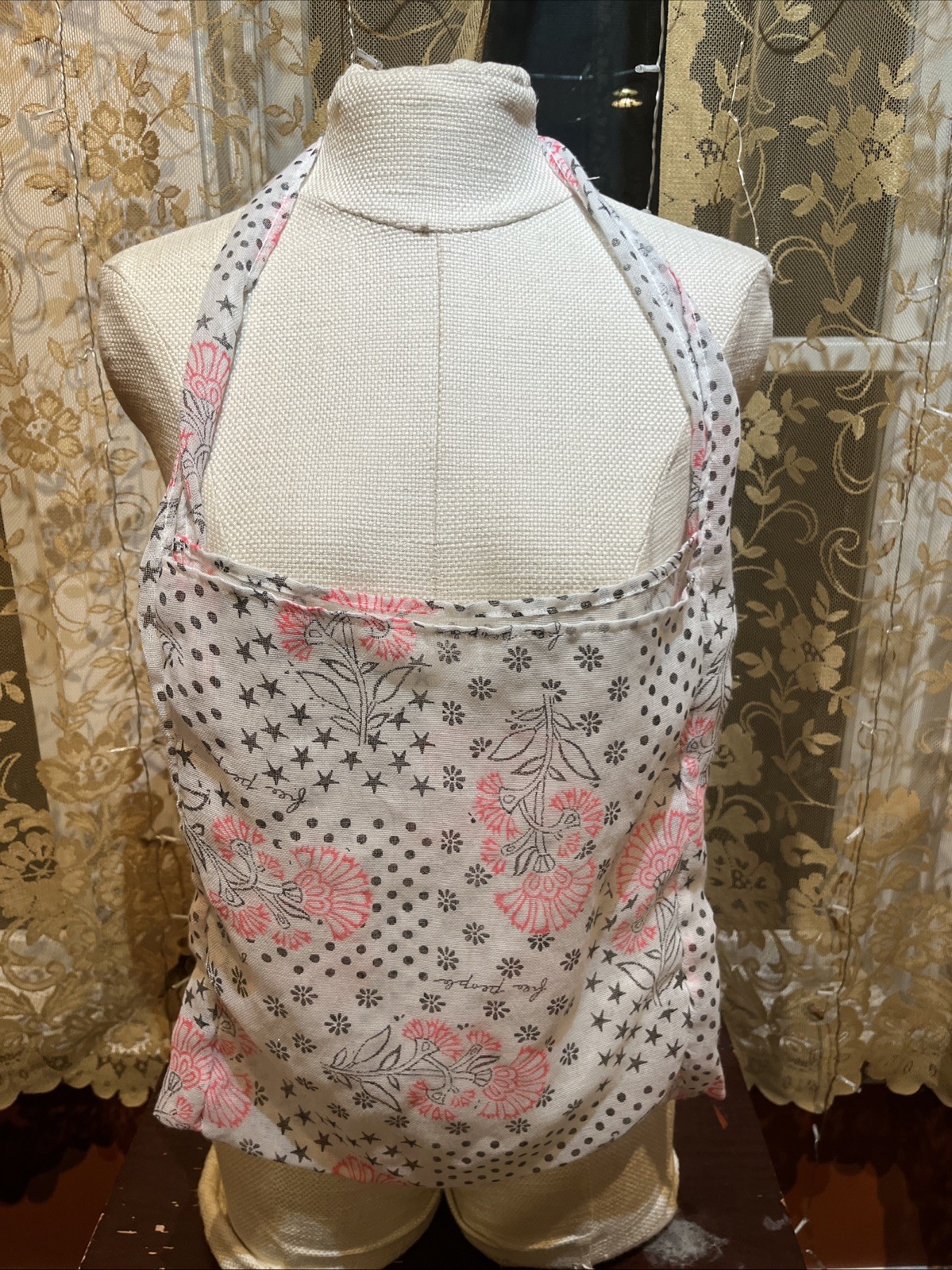 Free People Floral Boho Reusable Shopping Crossbody Tote Bag Muslin Beige Pink S