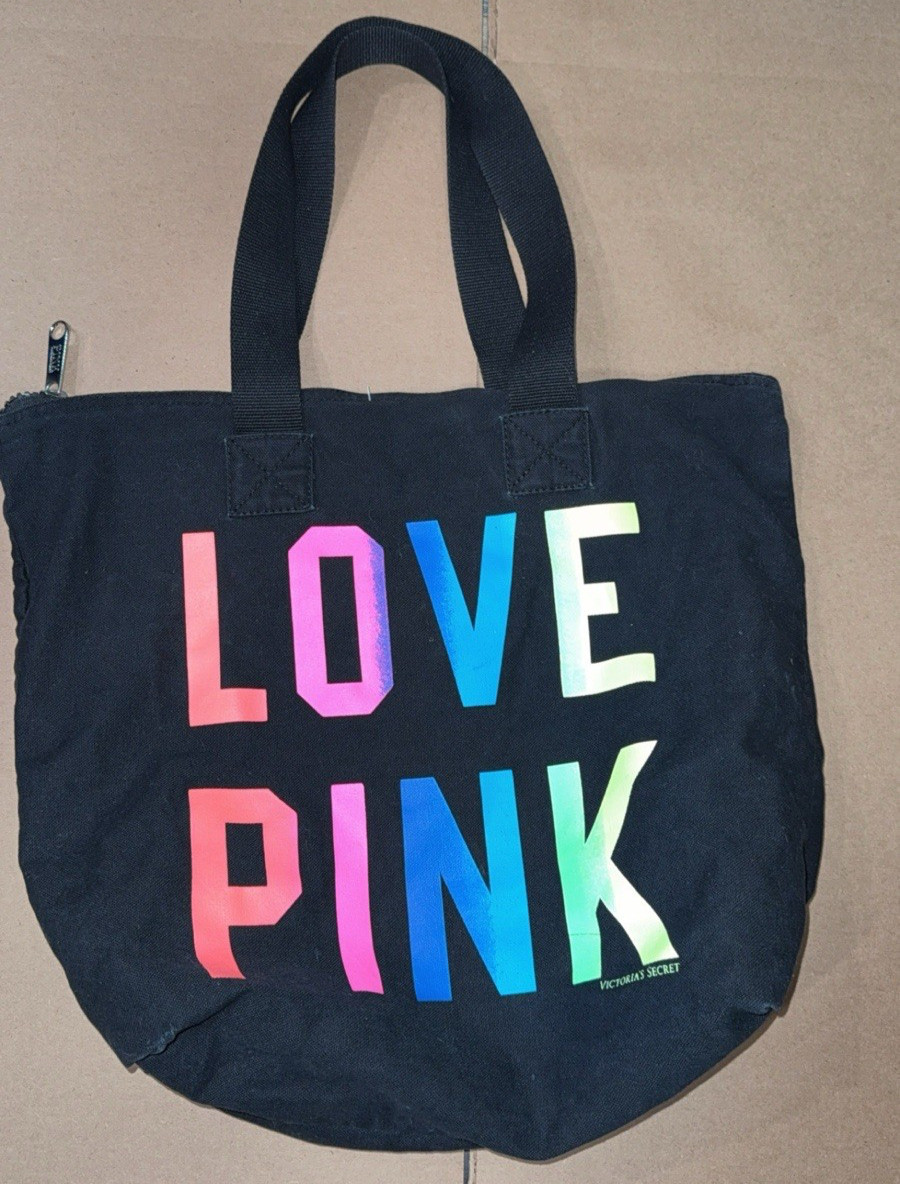 PINK Victoria’s Secret Tote Bag Black Zipper Neon Rainbow Logo PRE OWNED